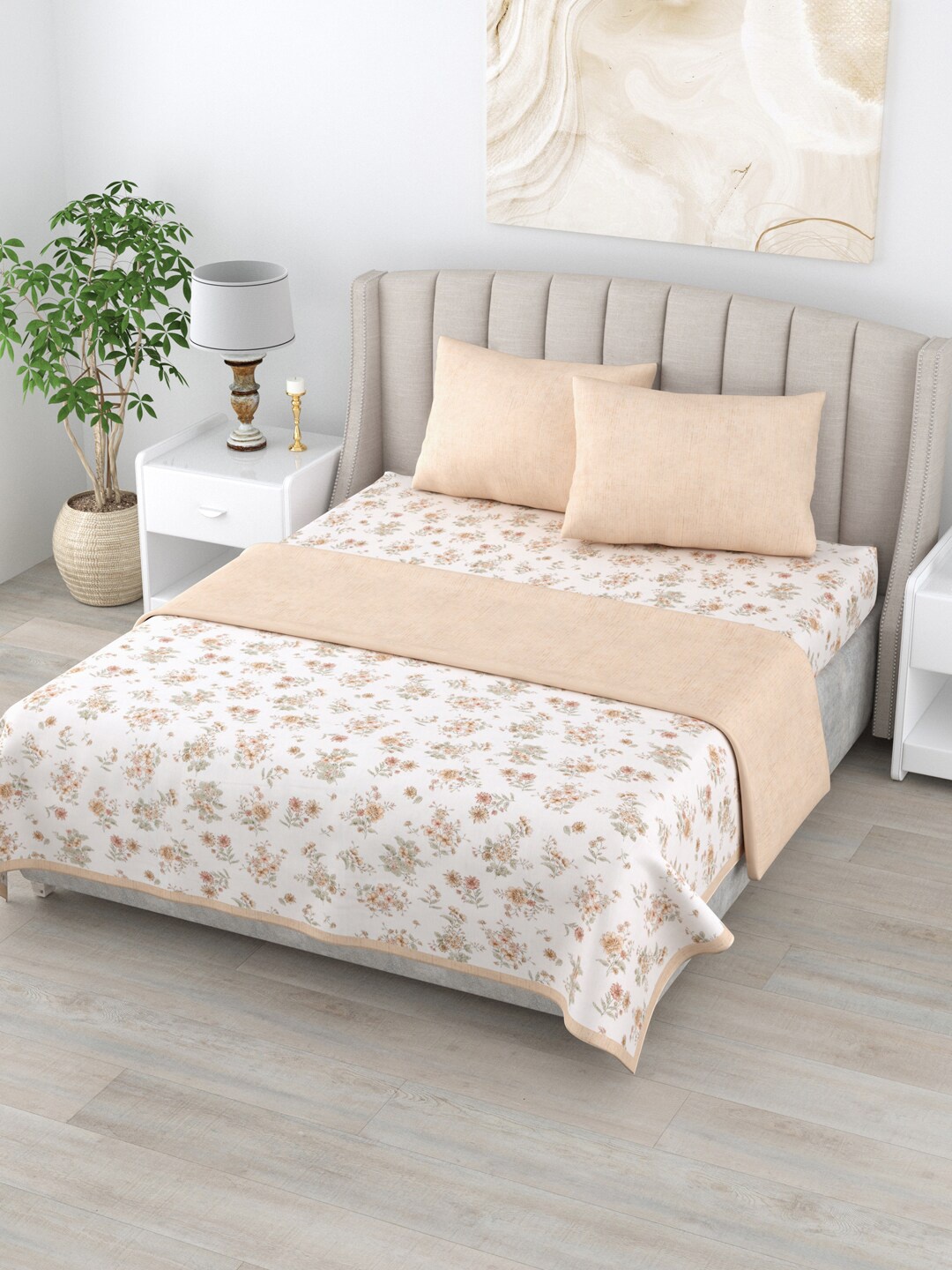 

Home Fresh Rosemary White & Beige Floral AC Room Pure Cotton 210 GSM Double Bedding Set