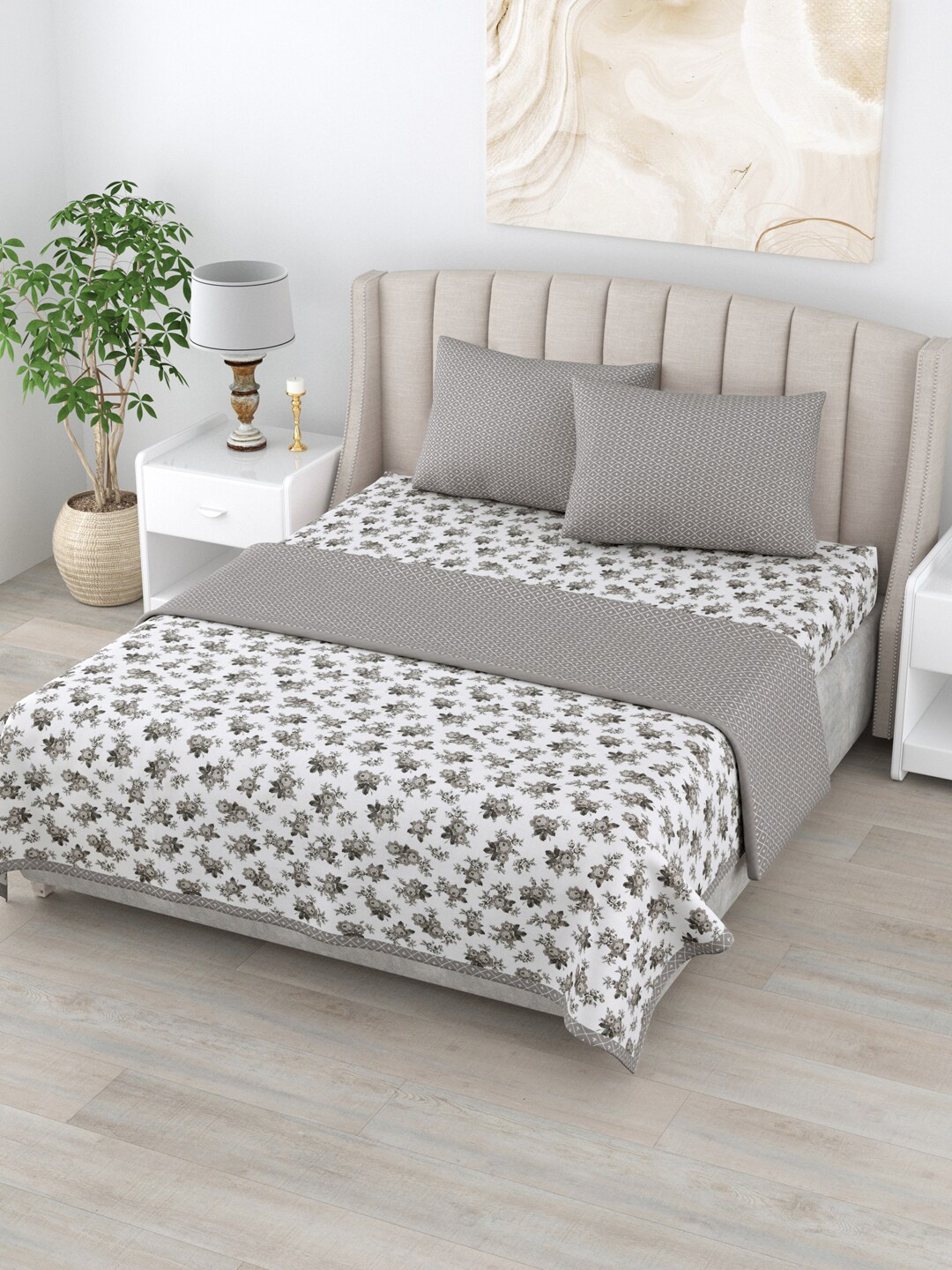 

Home Fresh Rosemary White & Grey Printed AC Room 210 GSM Pure Cotton Double Bed Dohar Set