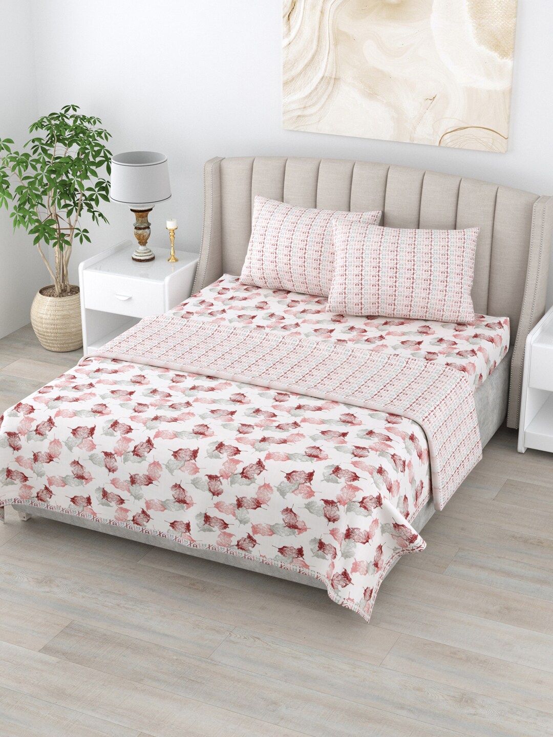 

Home Fresh Rosemary White & Red Floral AC Room Pure Cotton 210 GSM Double Bedding Set