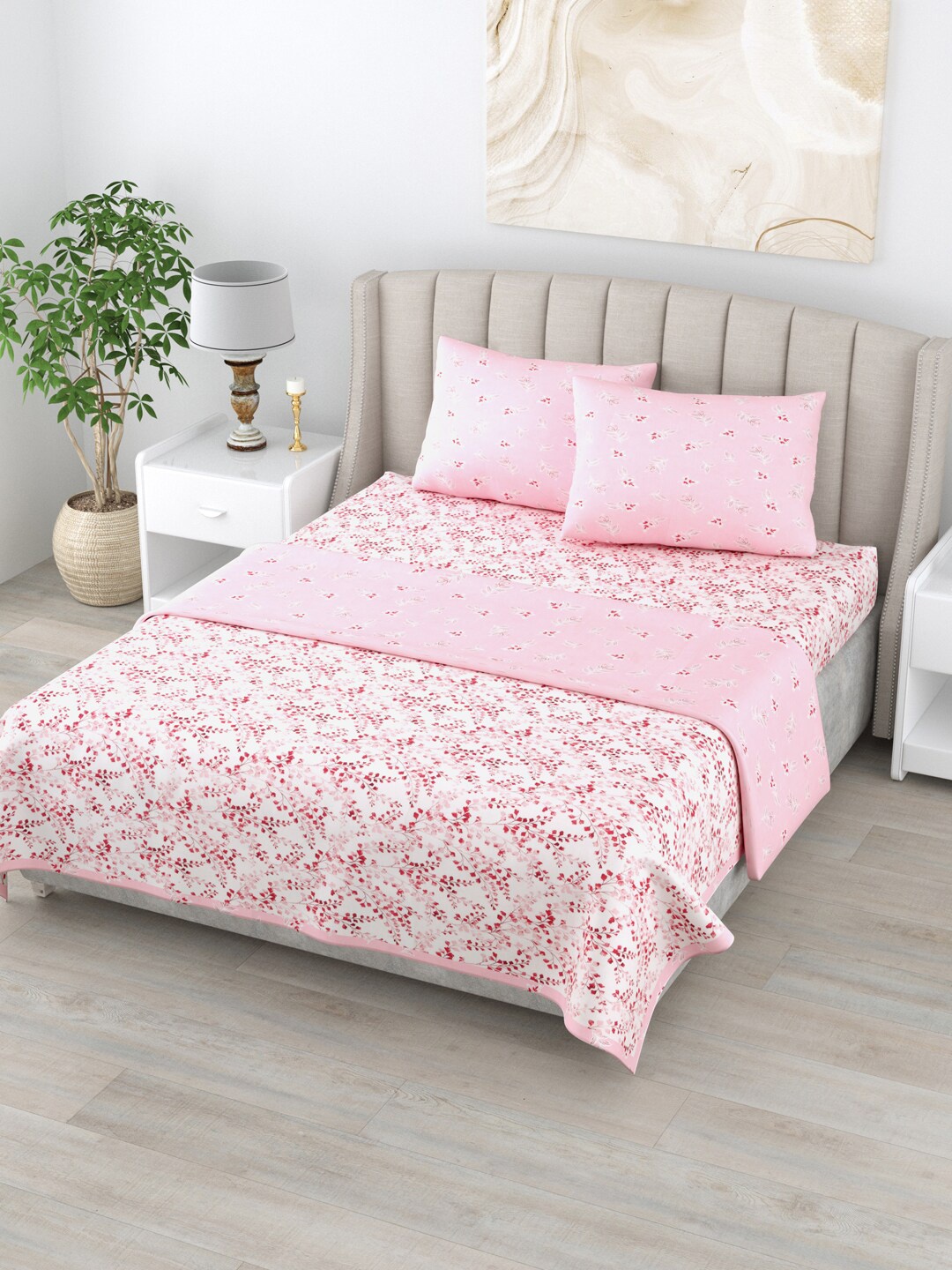 

Home Fresh Rosemary Pink Floral AC Room Pure Cotton 210 GSM Double Bedding Set