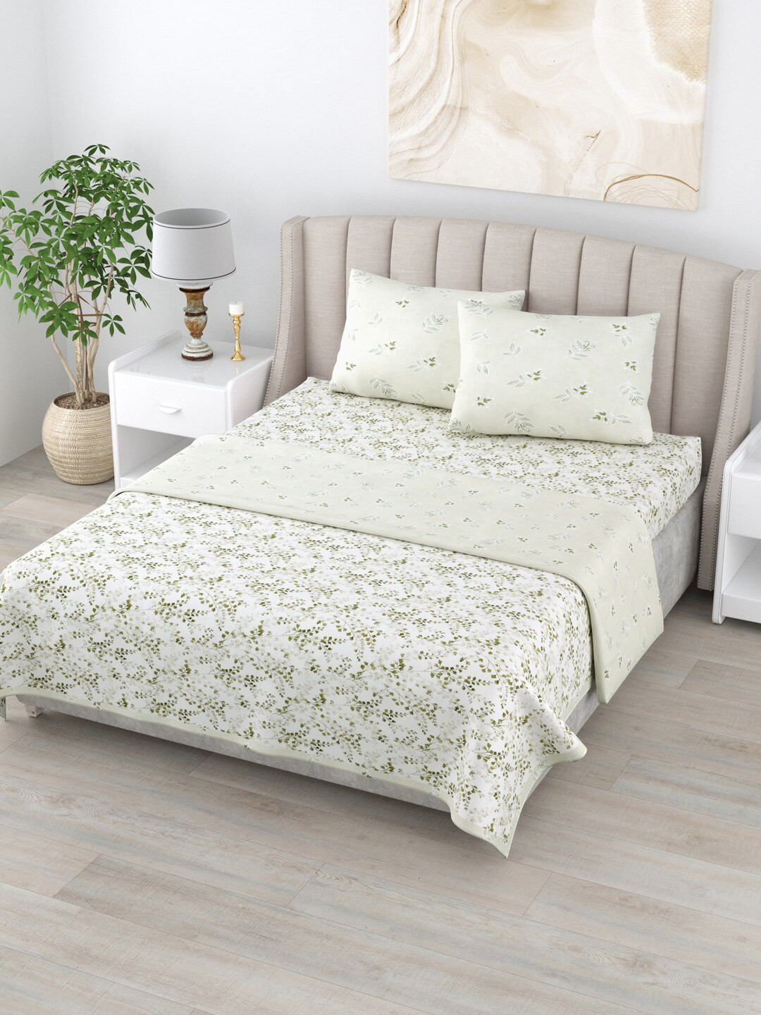 

Home Fresh Rosemary Green & White Floral AC Room Pure Cotton 210 GSM Double Bedding Set