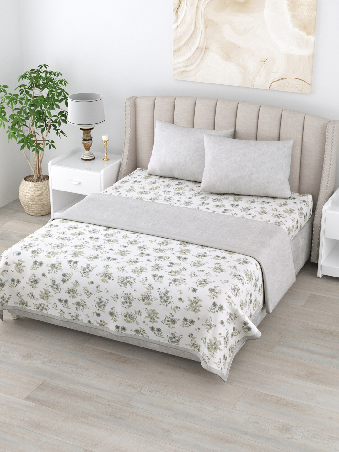 

Home Fresh Rosemary White & Grey Floral AC Room Pure Cotton 210 GSM Double Bedding Set, Green
