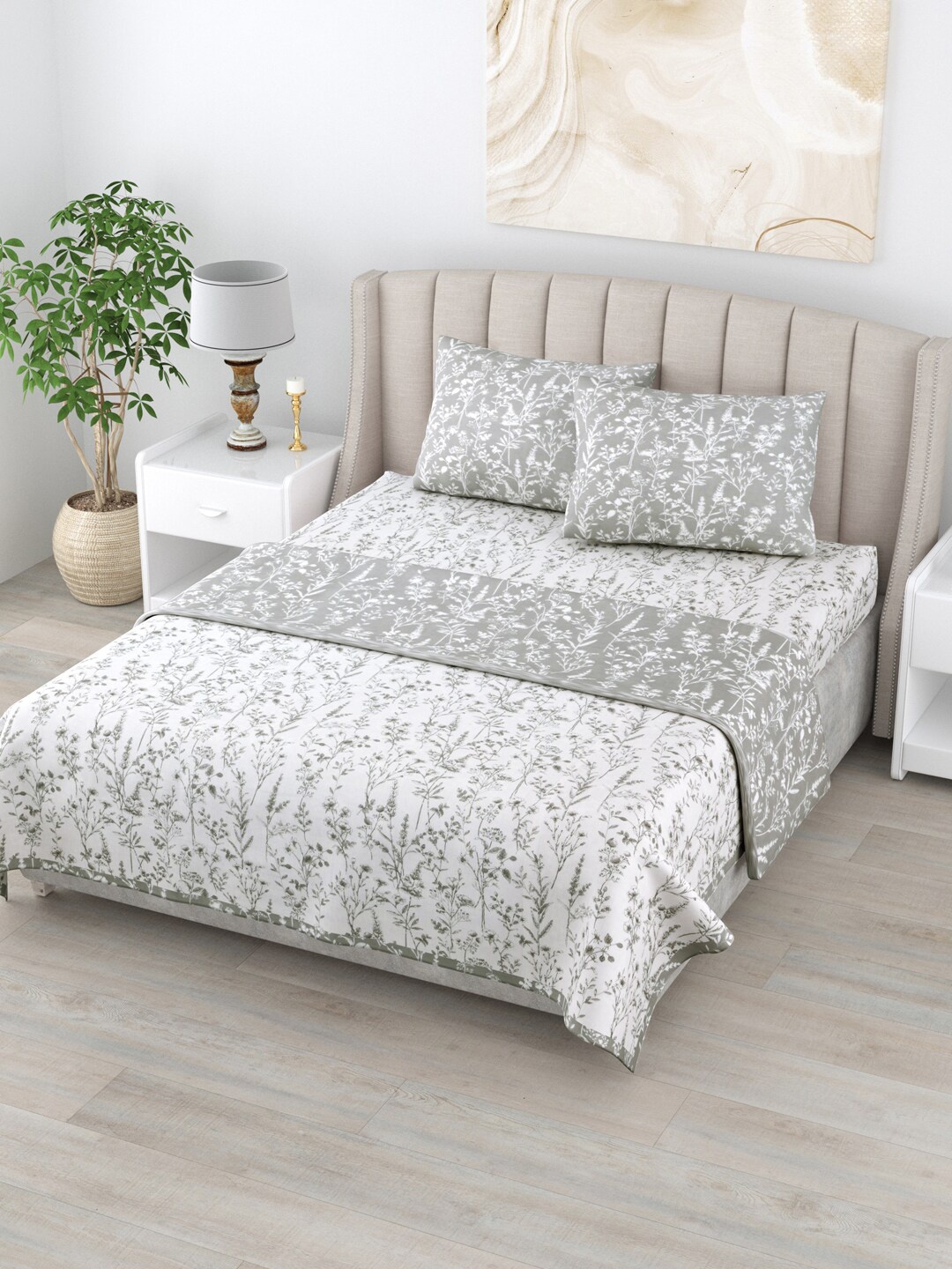 

Home Fresh Rosemary Grey & White Floral AC Room Pure Cotton 210 GSM Double Bedding Set