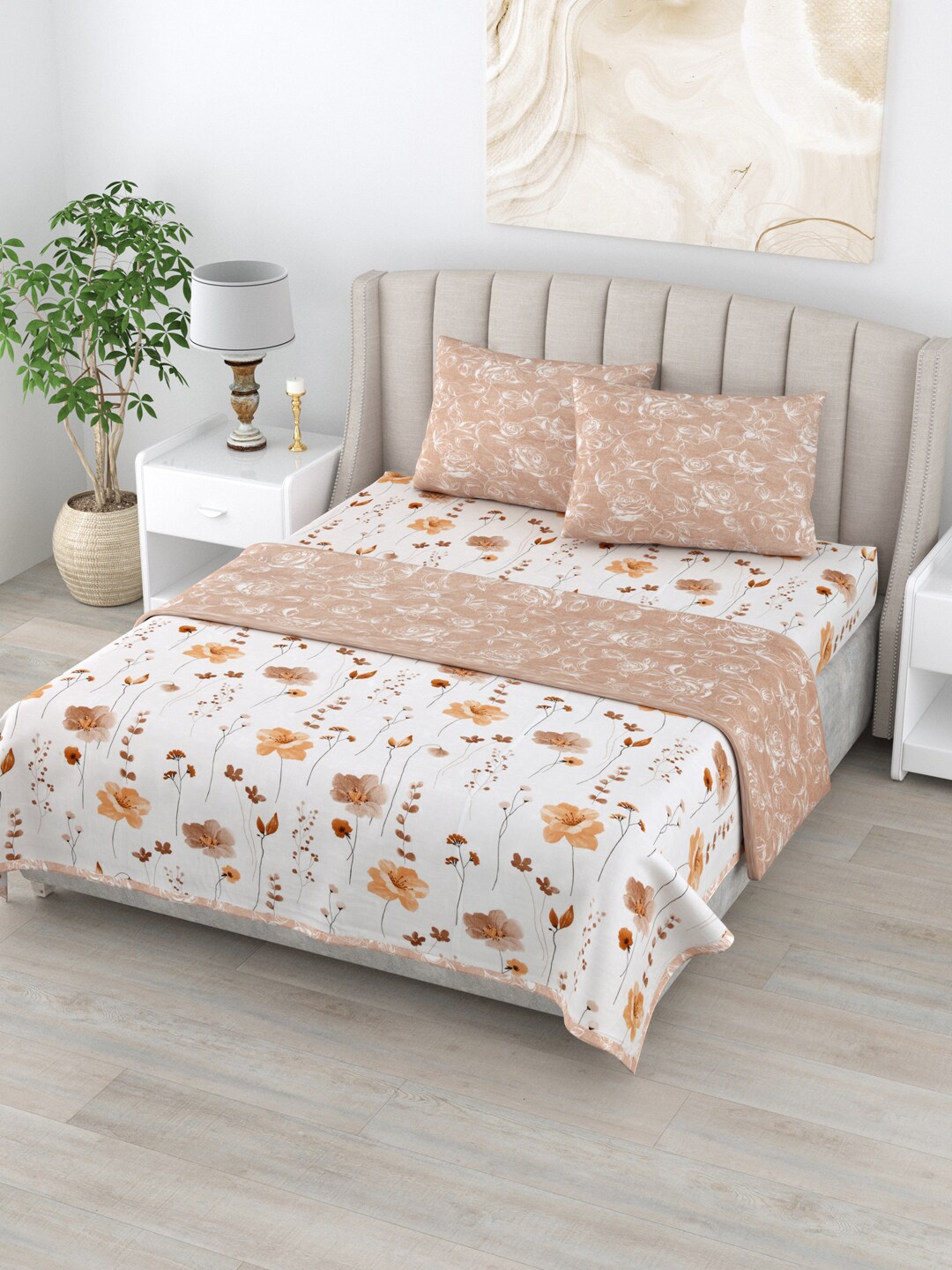 

Home Fresh Rosemary Brown & White Printed AC Room 210 GSM Pure Cotton Double Bed Dohar Set