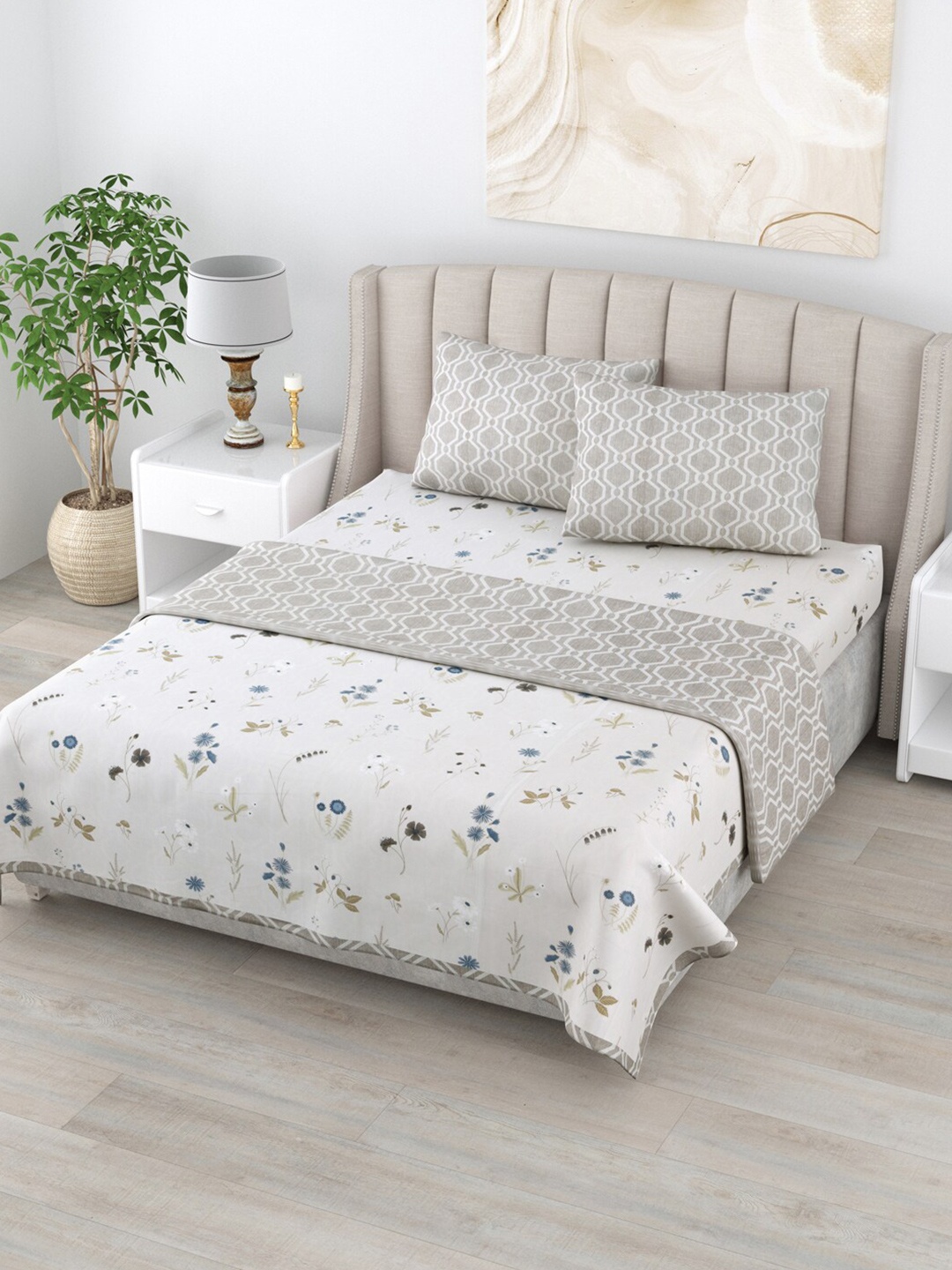 

Home Fresh Rosemary Grey & Blue Floral AC Room Pure Cotton 210 GSM Double Bedding Set