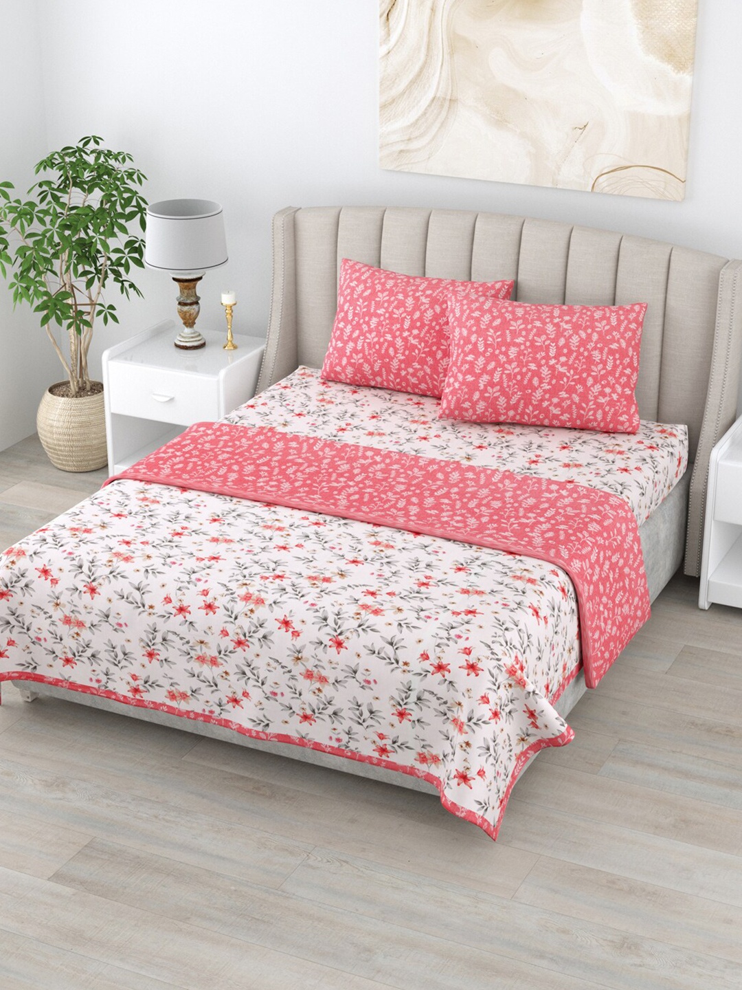 

Home Fresh Rosemary Pink Floral AC Room 210 GSM Pure Cotton Double Bed Dohar