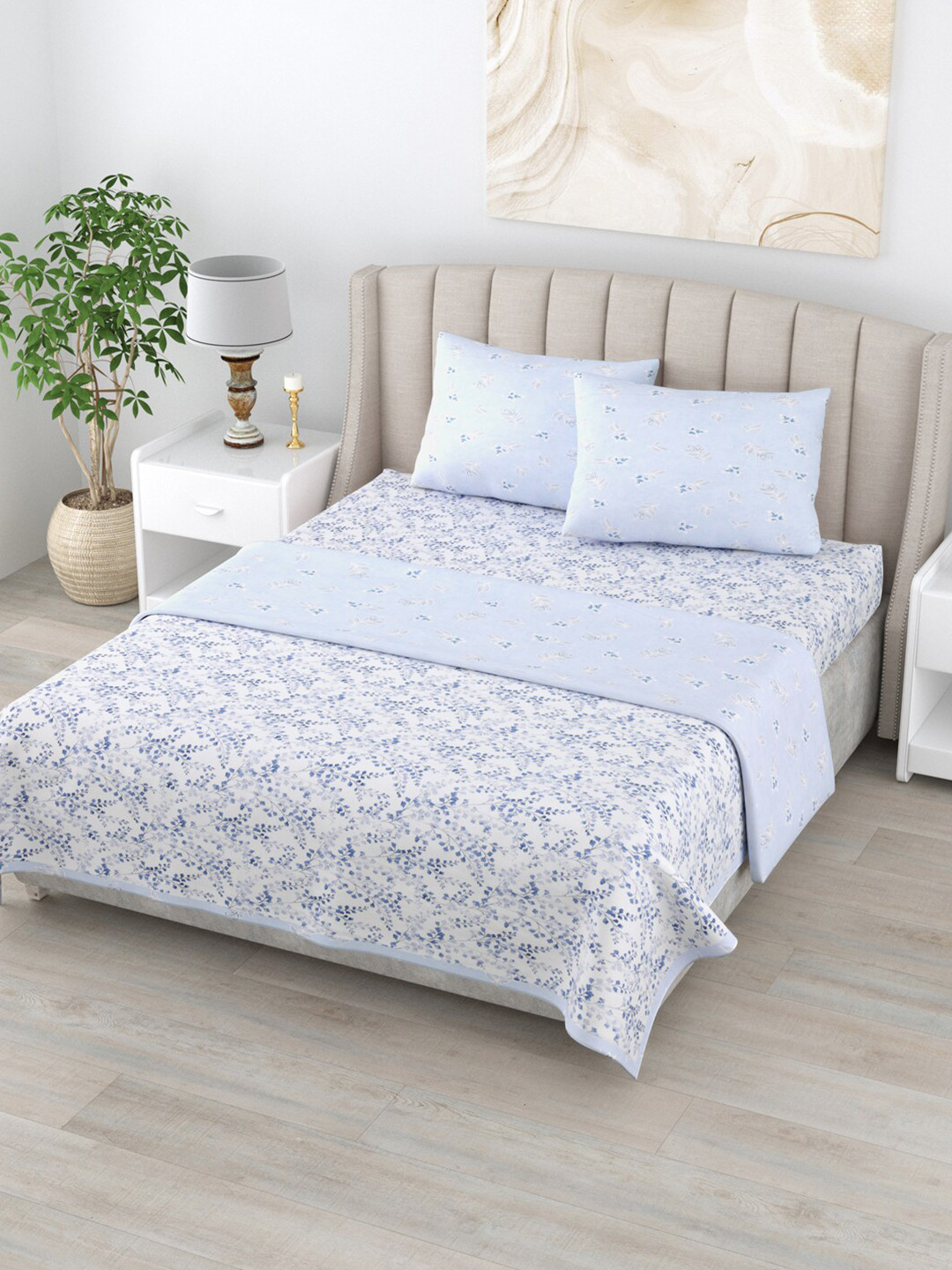 

Home Fresh Rosemary Blue & White Floral AC Room Pure Cotton 210 GSM Double Bedding Set