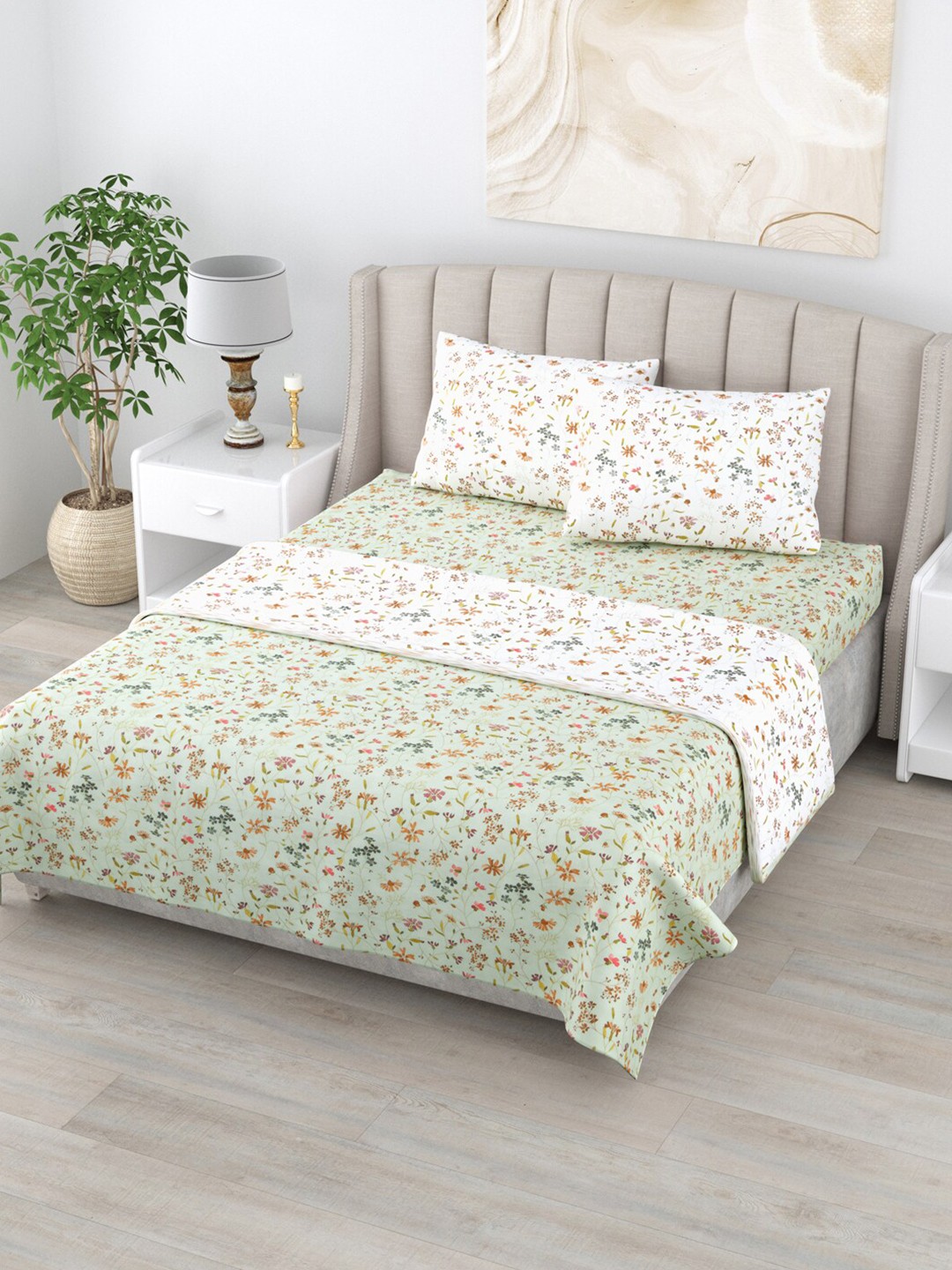 

Home Fresh Rosemary Green & White Floral AC Room Pure Cotton 210 GSM Double Bedding Set