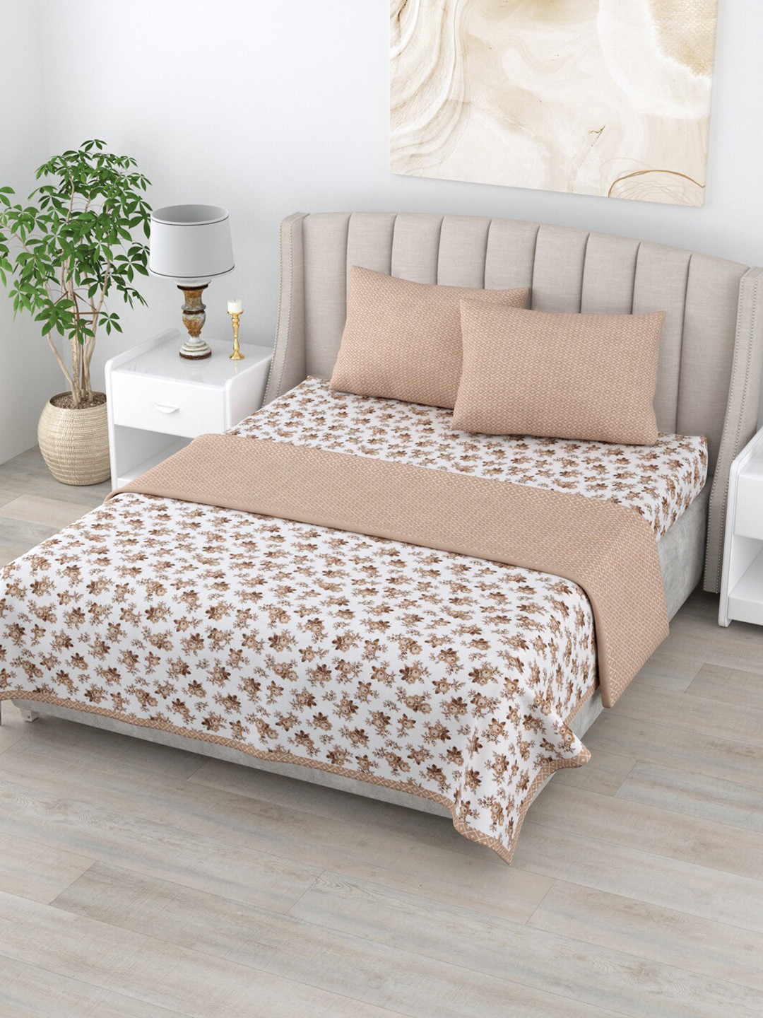 

Home Fresh Rosemary Brown & White Floral AC Room 210 GSM Pure Cotton Double Bed Dohar Set