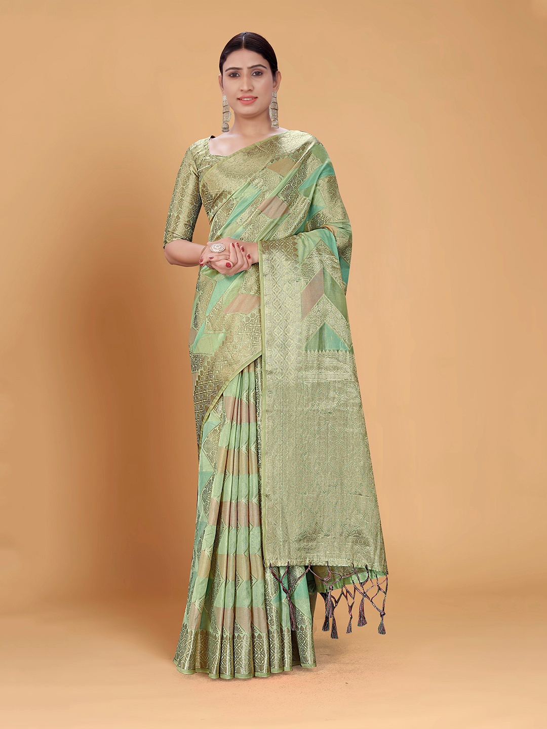 

Mitera Sea Green Ethnic Motifs Woven Design Zari Organza Kanjeevaram Saree