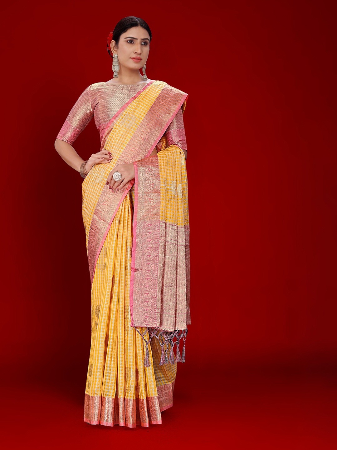 

Mitera Mustard Checked Woven Design Zari Organza Kanjeevaram Saree