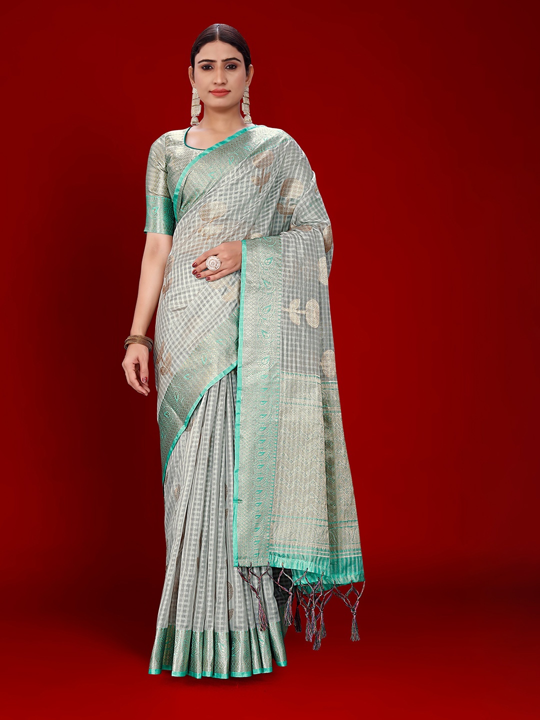 

Mitera Grey Checked Woven Design Zari Organza Kanjeevaram Saree