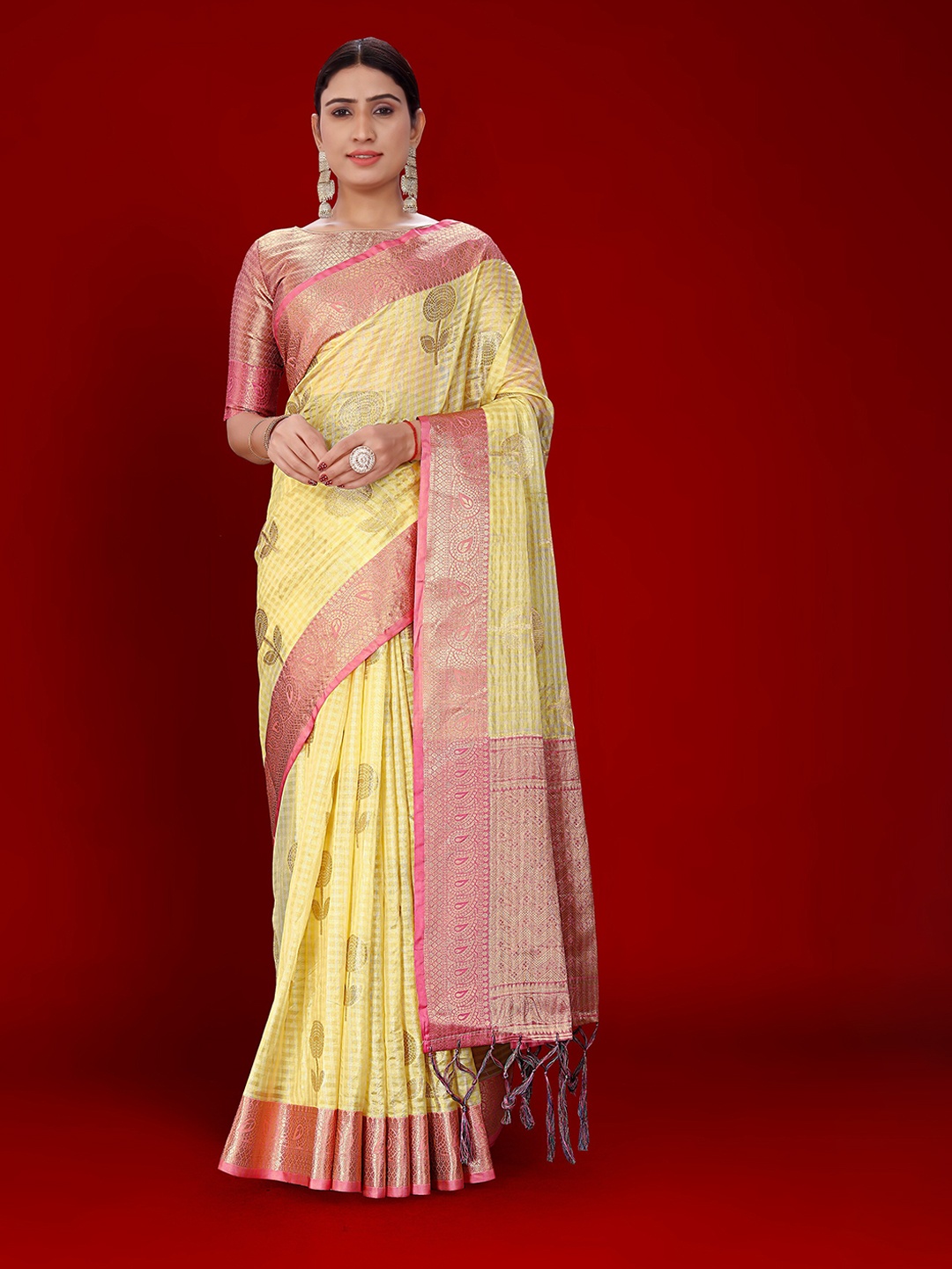 

Mitera Yellow & Pink Checked Woven Design Zari Organza Kanjeevaram Saree