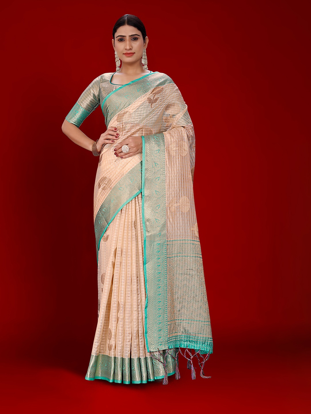 

Mitera Peach & Turquoise Blue Ethnic Motifs Woven Design Zari Organza Kanjeevaram Saree