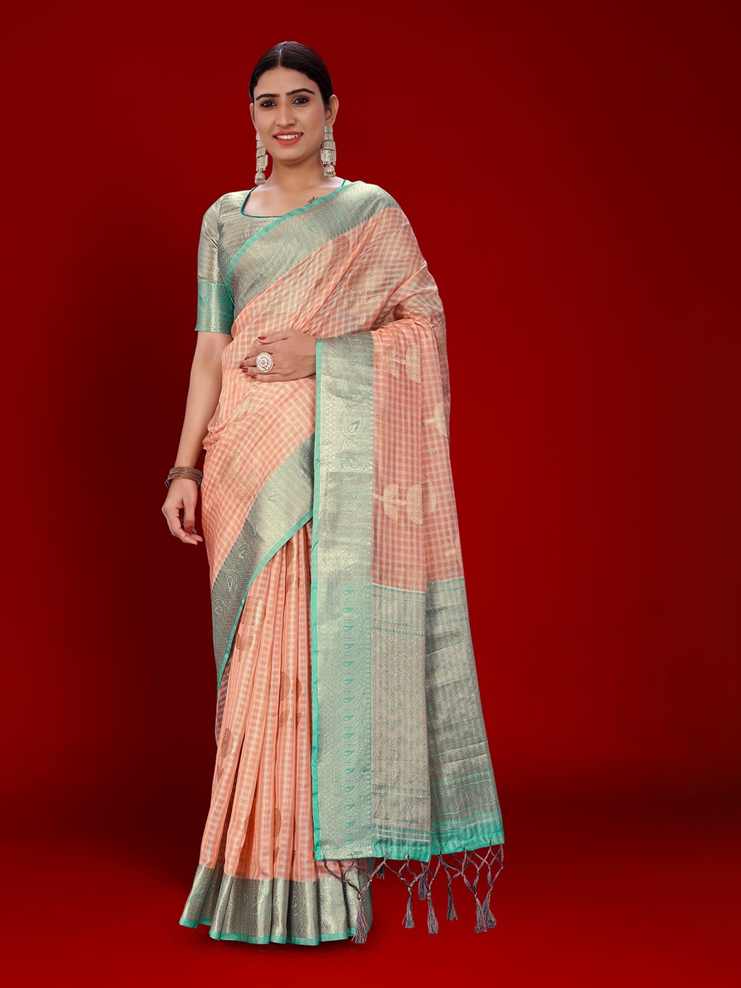 

Mitera Orange & Turquoise Blue Checked Woven Design Zari Organza Kanjeevaram Saree