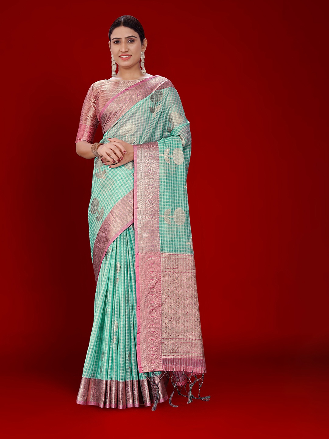 

Mitera Turquoise Blue & Pink Checked Woven Design Zari Organza Kanjeevaram Saree