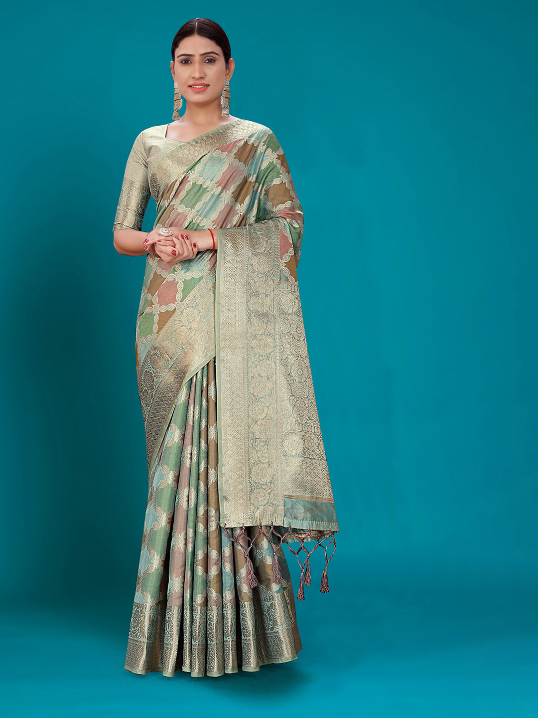 

Mitera Blue Geometric Woven Design Zari Organza Kanjeevaram Saree