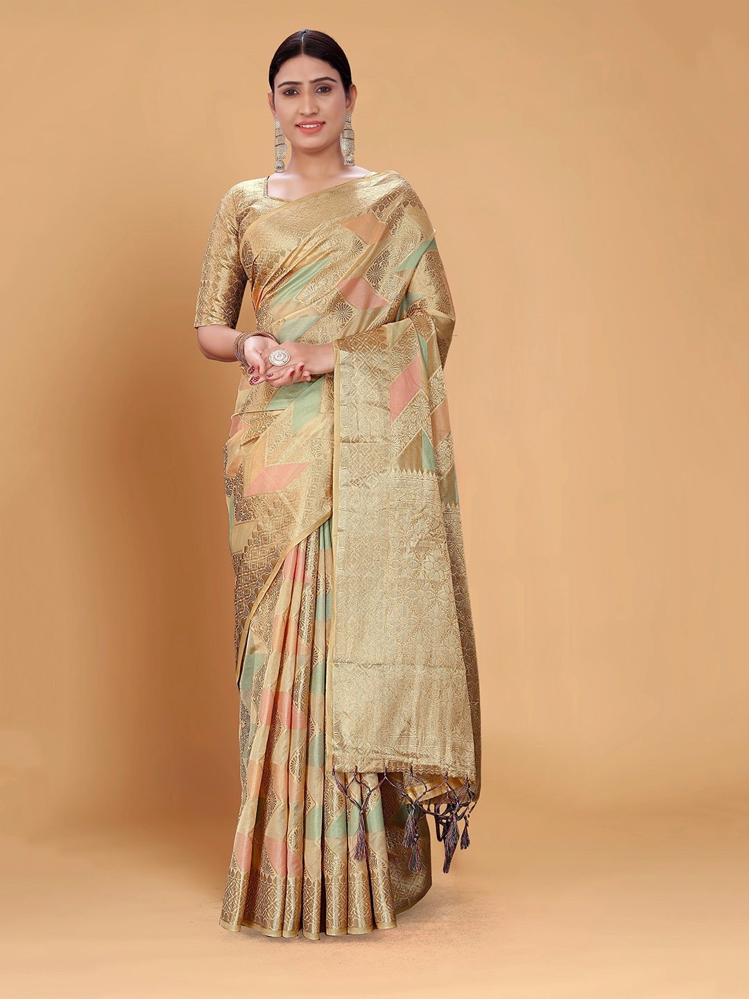 

Mitera Beige & Pink Ethnic Motifs Woven Design Zari Organza Kanjeevaram Saree