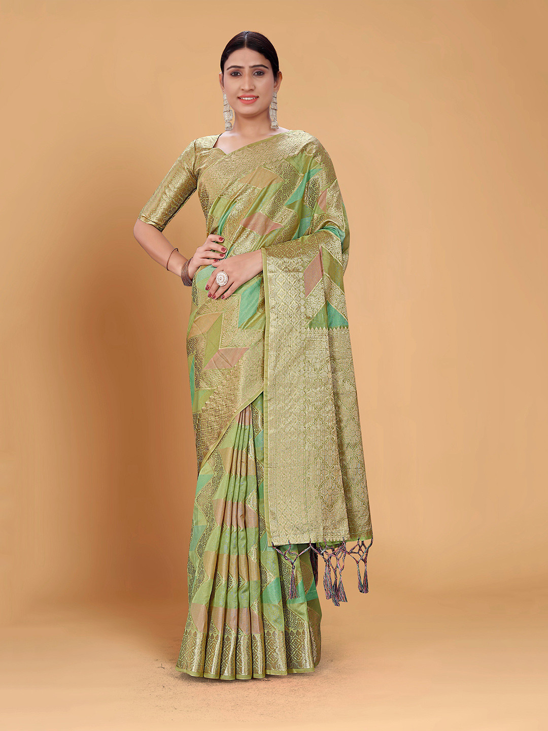 

Mitera Green & Pink Ethnic Motifs Woven Design Zari Organza Kanjeevaram Saree