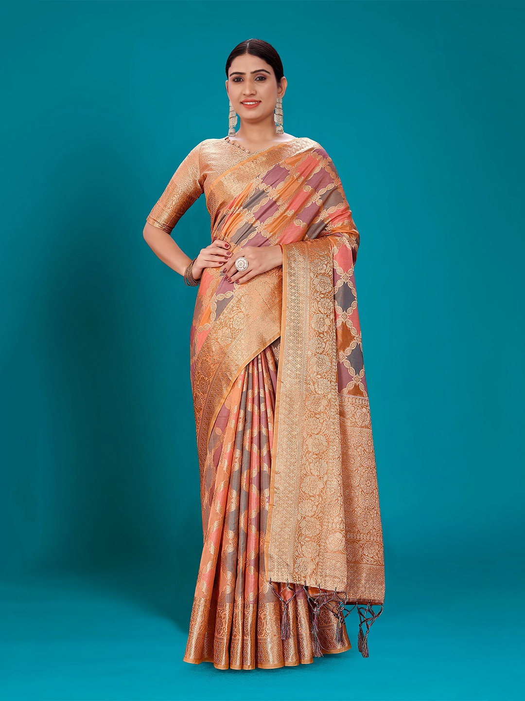 

Mitera Orange & Pink Geometric Woven Design Zari Organza Kanjeevaram Saree