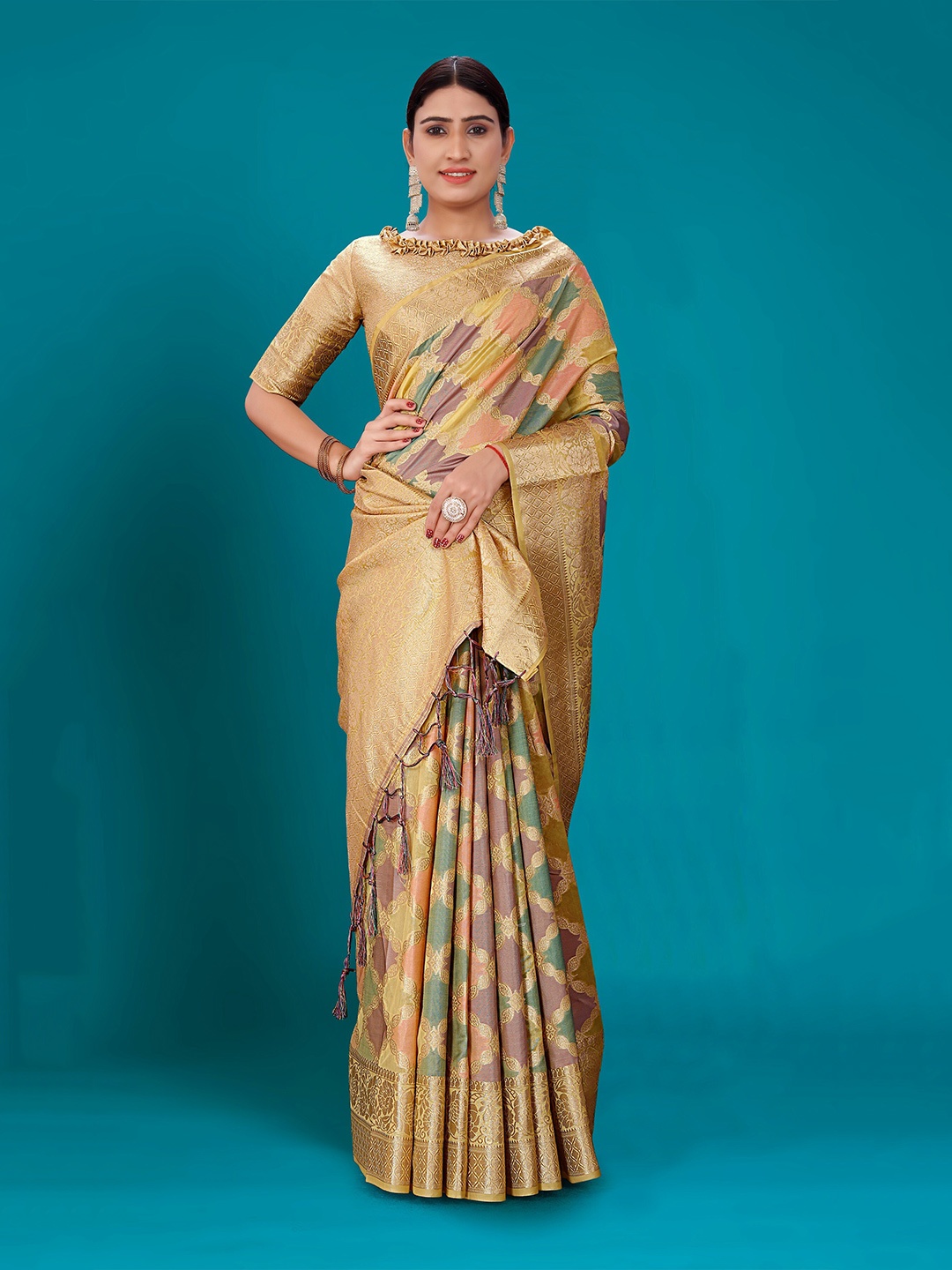 

Mitera Beige & Pink Ethnic Motifs Woven Design Zari Organza Kanjeevaram Saree