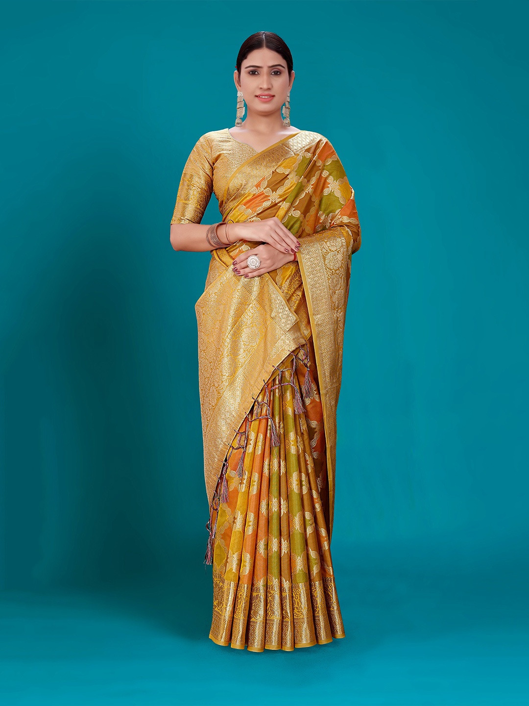 

Mitera Ethnic Motif Woven Design Zari Organza Kanjeevaram Saree, Mustard
