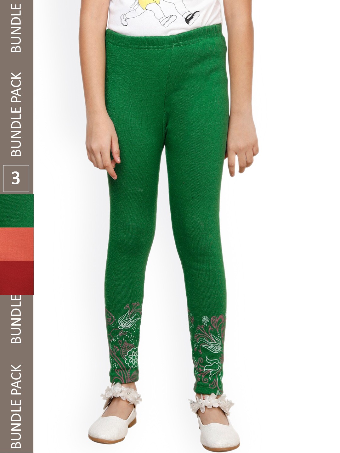 

IndiWeaves Girls Pack of 3 Printed Ankle-Length Wool Leggings, Green