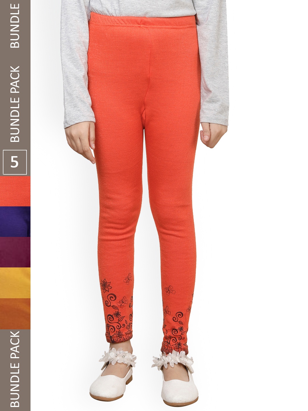

IndiWeaves Girls Pack Of 5 Bottom Printed Warm Woolen Ankle Length Leggings, Orange