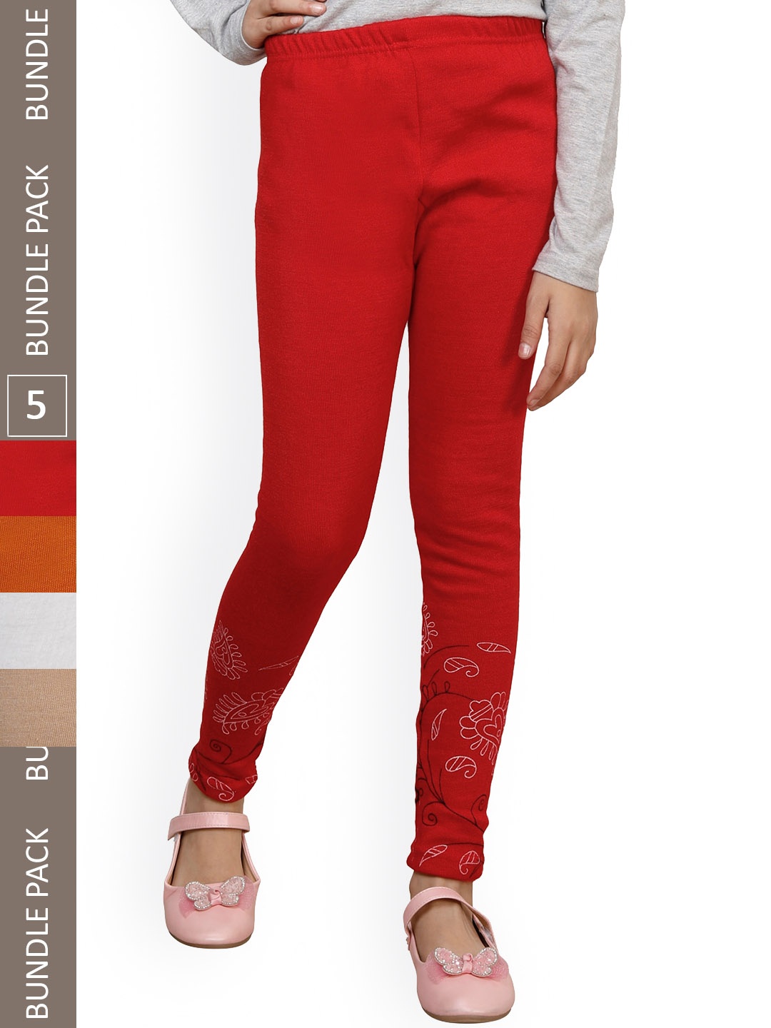 

IndiWeaves Girls Pack Of 4 Bottom-Printed Woolen Ankle Length Leggings, Red