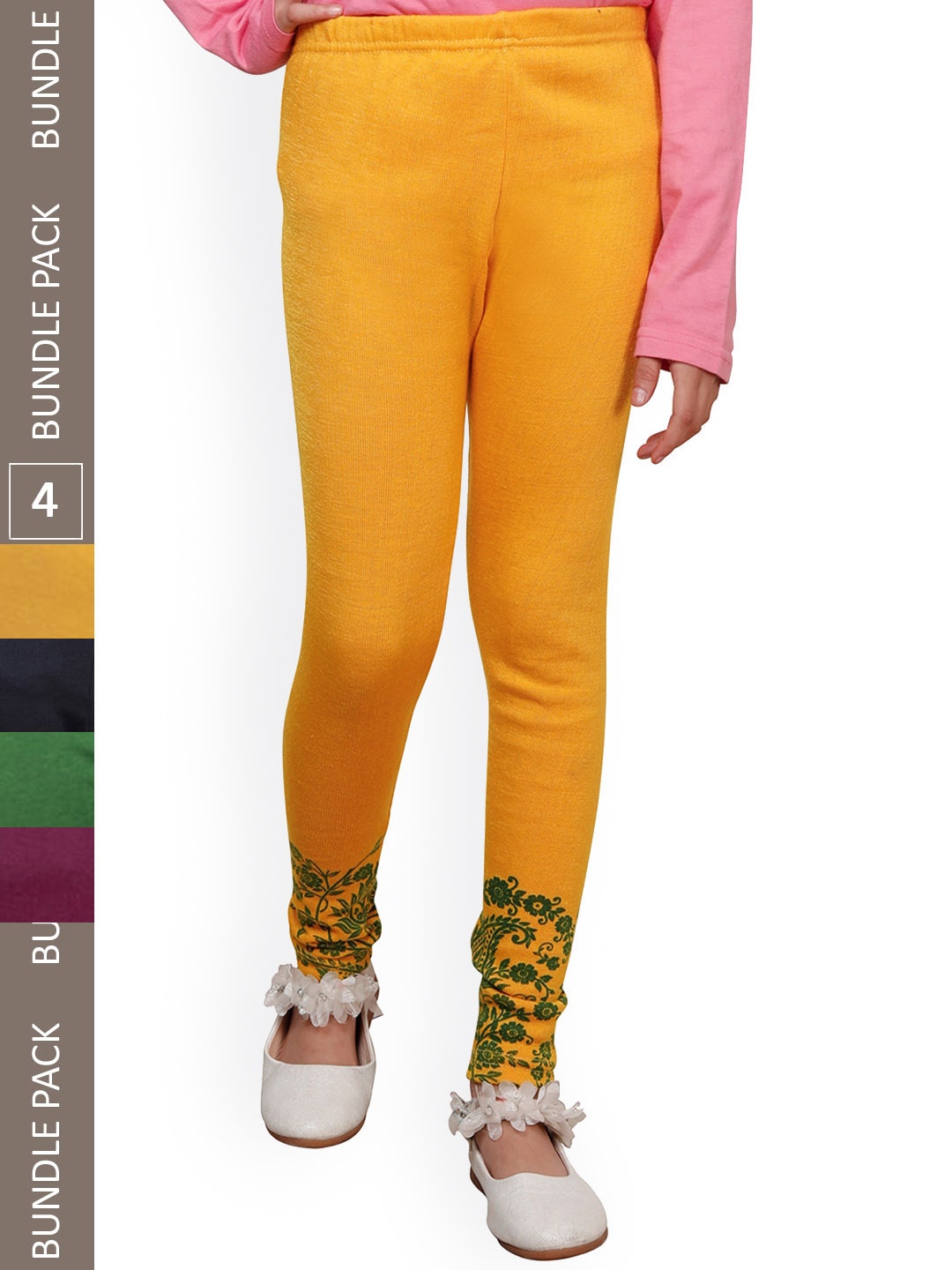 

IndiWeaves Girls Pack Of 4 Bottom-Printed Woolen Ankle Length Leggings, Yellow