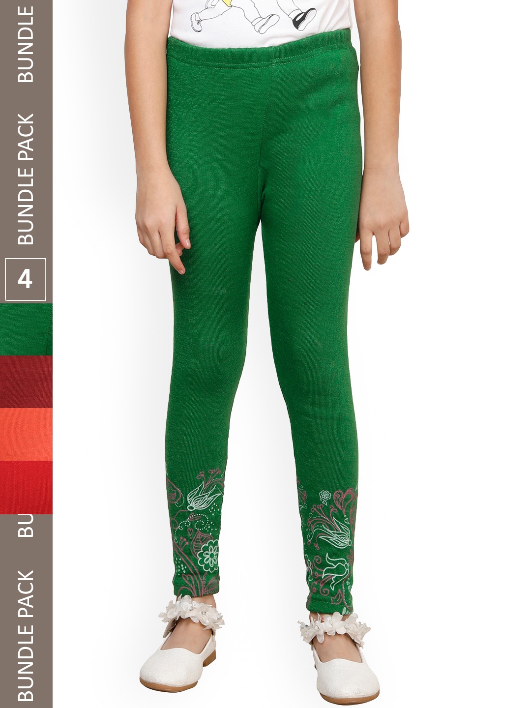 

IndiWeaves Girls Pack Of 4 Printed Woolen Ankle Length Leggings, Green