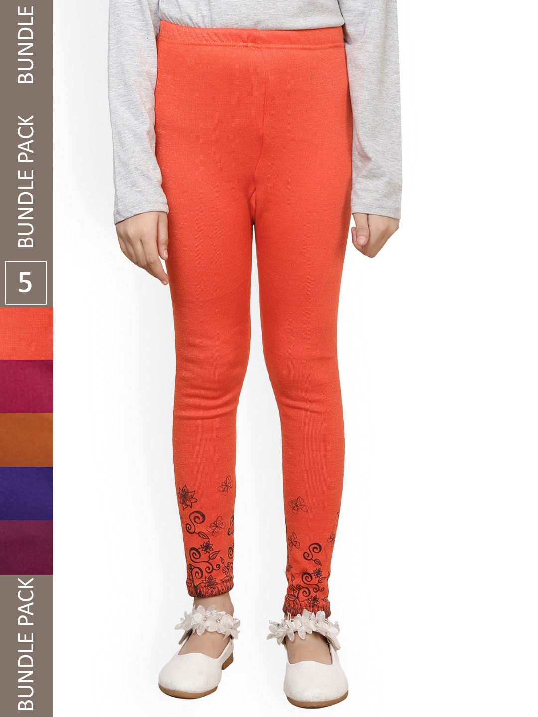 

IndiWeaves Girls Pack Of 5 Bottom-Printed Woolen Ankle Length Leggings, Orange