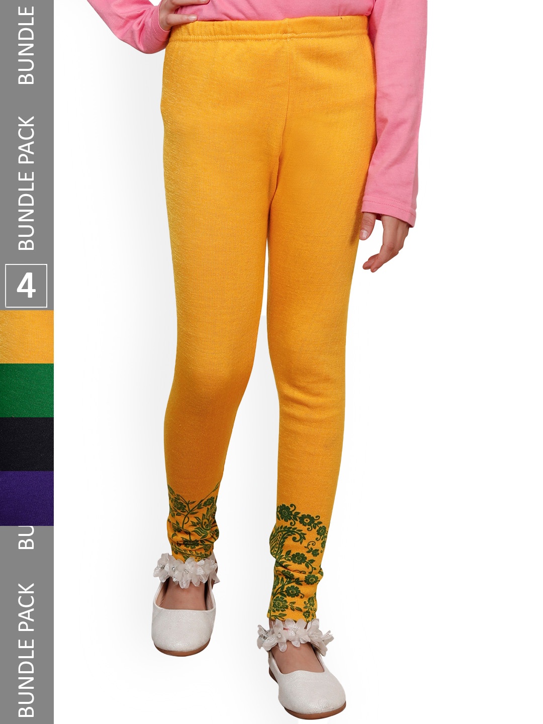 

IndiWeaves Girls Pack Of 4 Bottom Printed Warm Woolen Ankle Length Leggings, Yellow