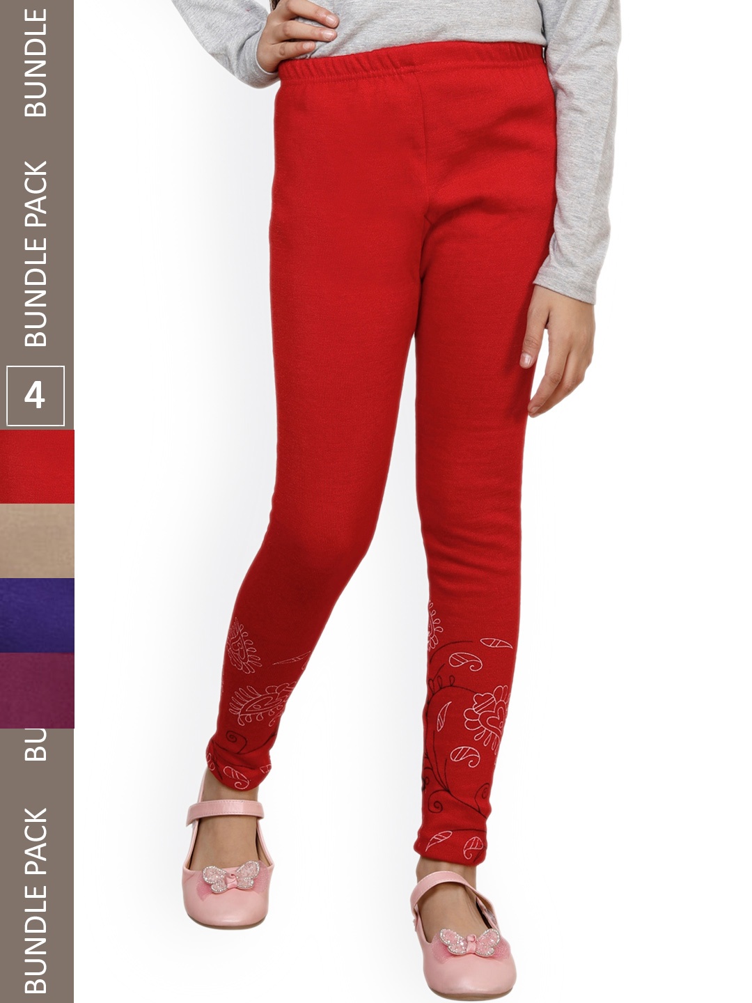 

IndiWeaves Girls Pack Of 4 Bottom Printed Woolen Ankle Length Leggings, Red