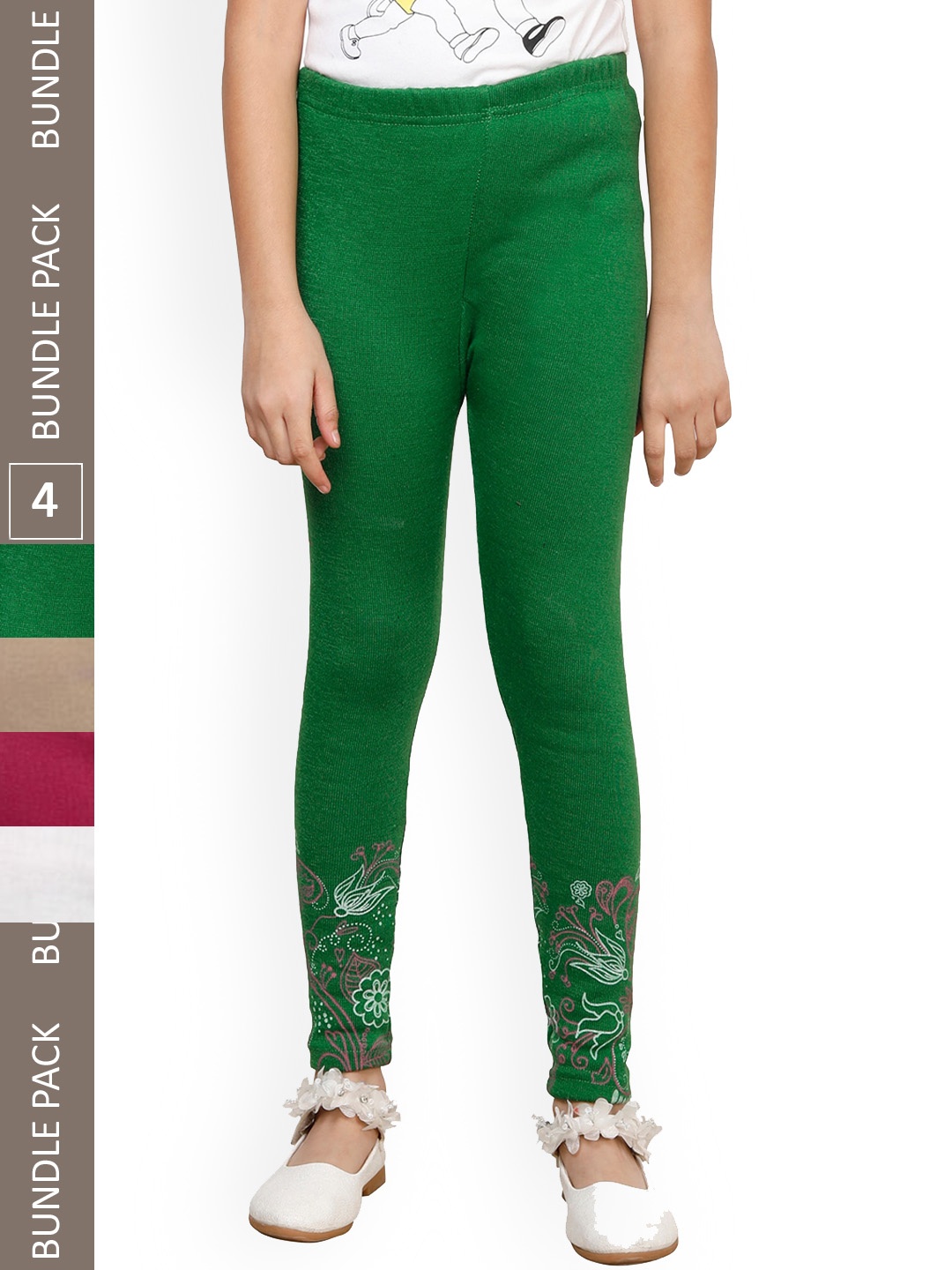 

IndiWeaves Girls Pack Of 4 Bottom Printed Warm Woolen Ankle Length Leggings, Green