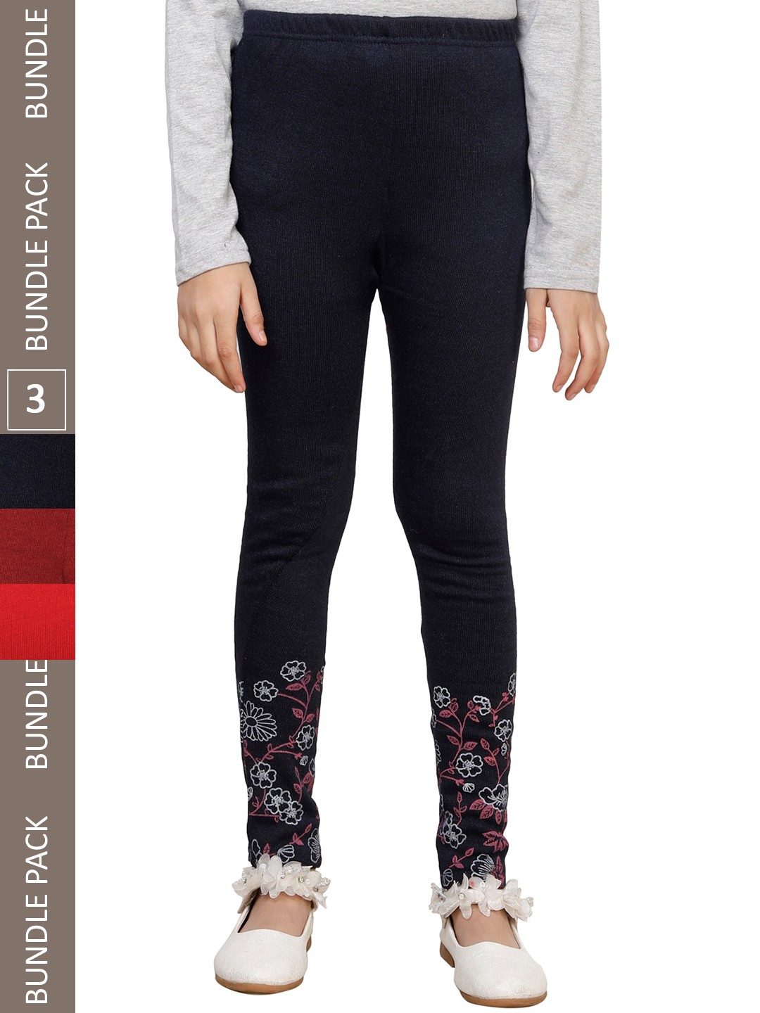 

IndiWeaves Girls Pack Of 3 Bottom Printed Woolen Ankle Length Leggings, Black