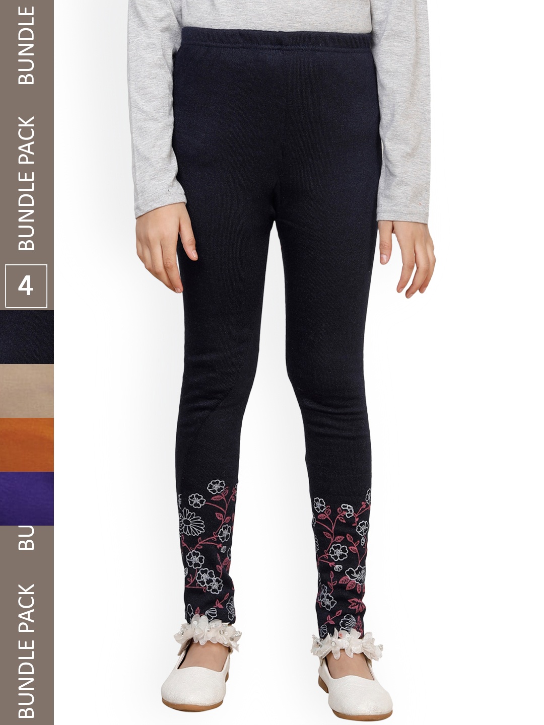 

IndiWeaves Girls Pack Of 4 Bottom Printed Woolen Ankle Length Leggings, Navy blue