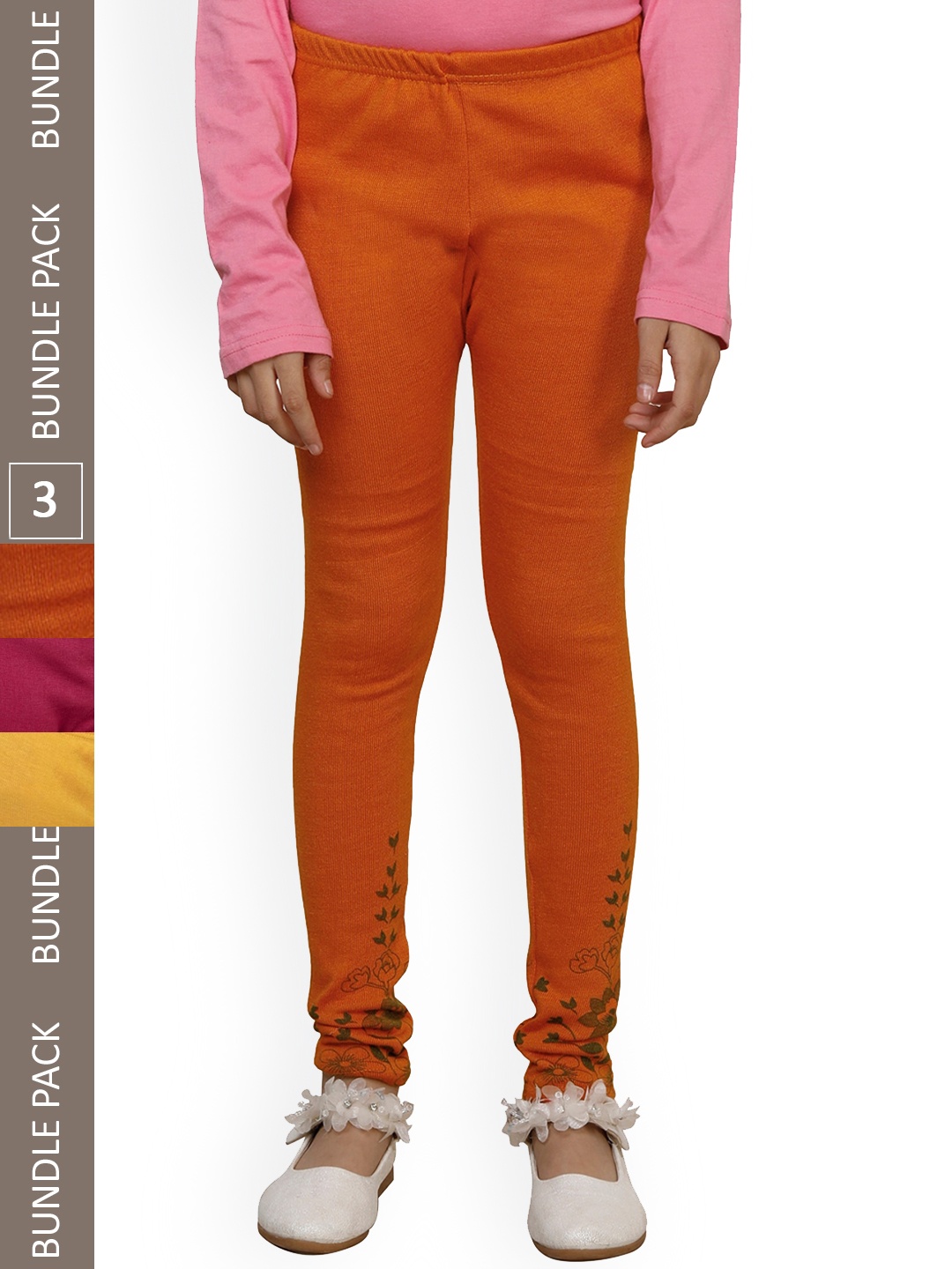 

IndiWeaves Girls Pack Of 3 Bottom Printed Woolen Ankle Length Leggings, Orange