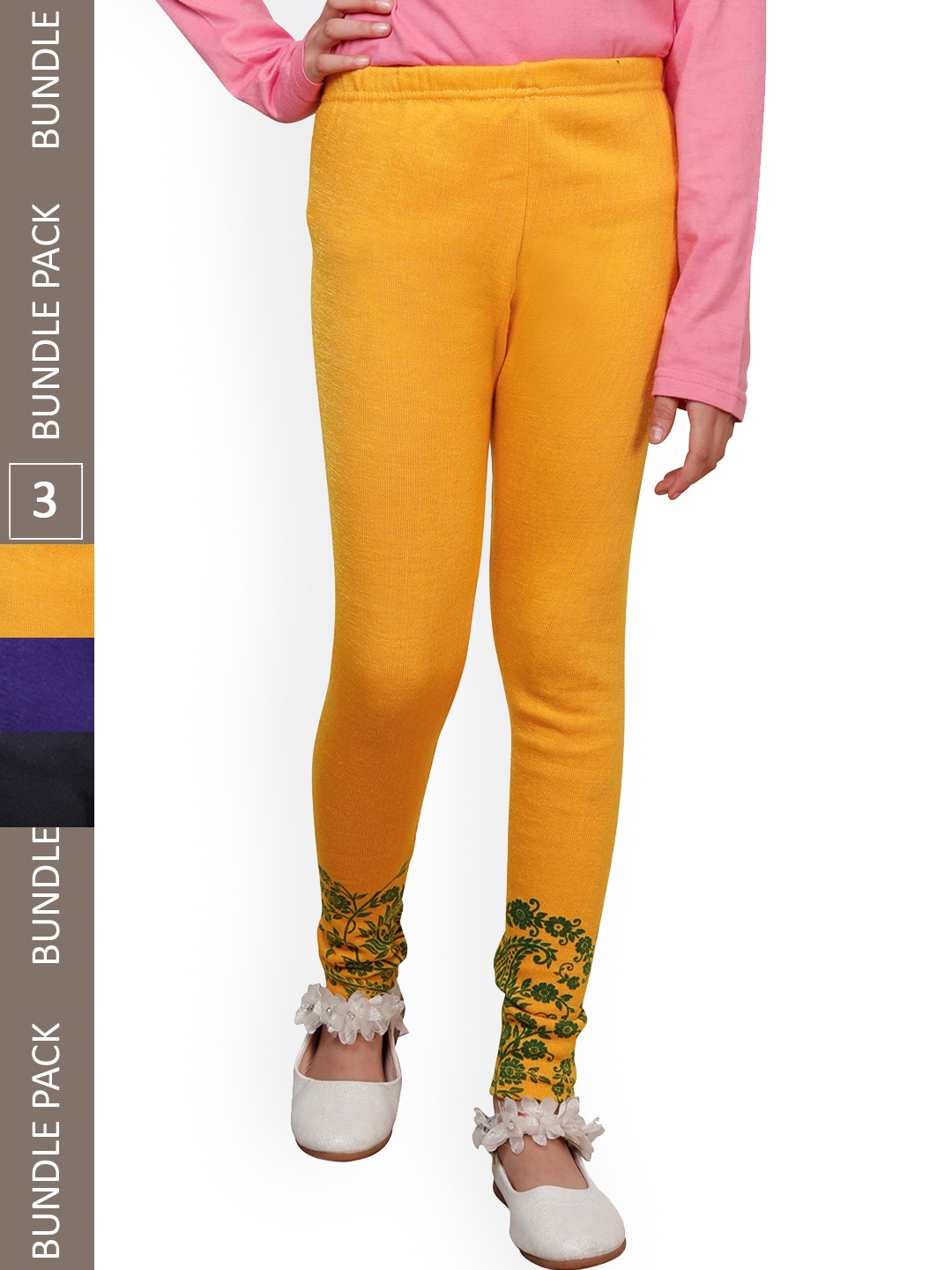 

IndiWeaves Girls Pack Of 3 Bottom-Printed Woolen Ankle Length Leggings, Yellow