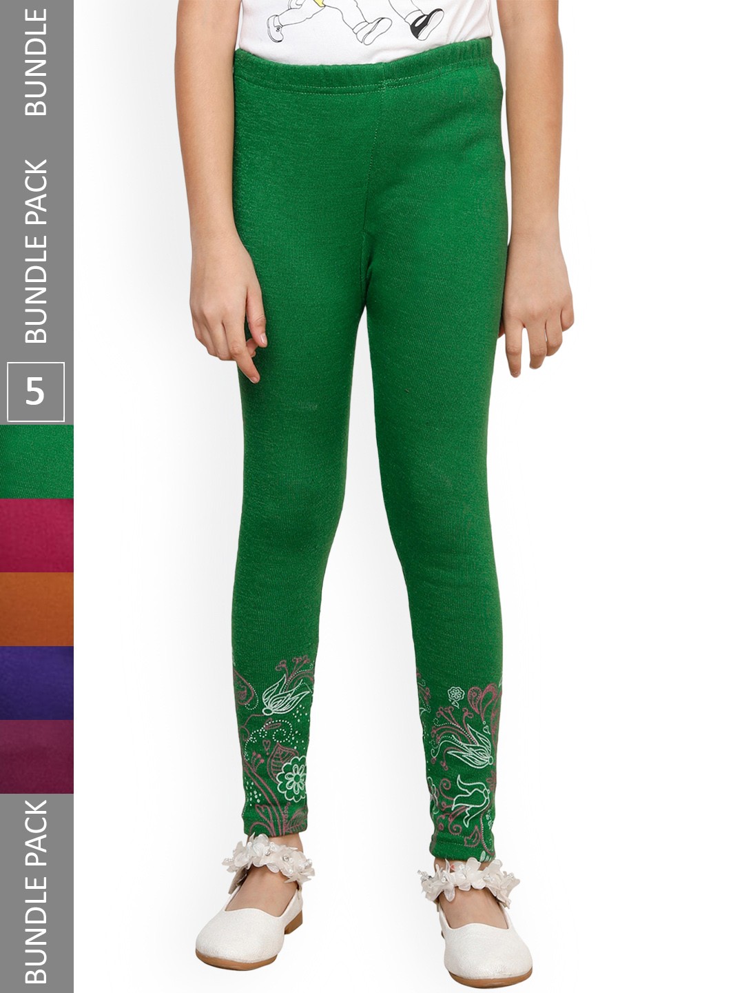 

IndiWeaves Girls Pack Of 5 Bottom Printed Woolen Ankle Length Leggings, Green