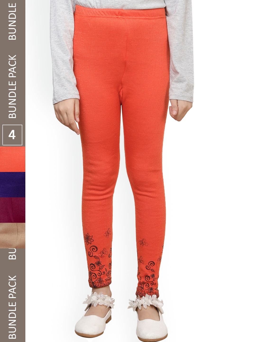 

IndiWeaves Girls Pack Of 4 Printed Woolen Ankle Length Leggings, Orange