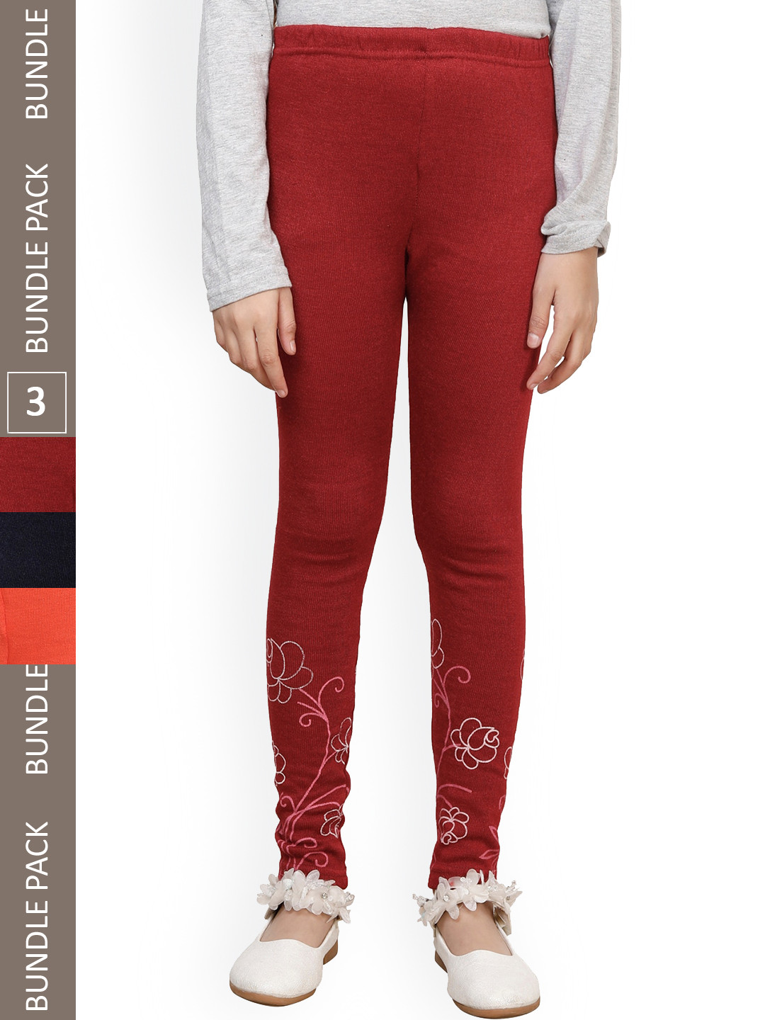 

IndiWeaves Girls Pack Of 3 Printed Woolen Ankle Length Leggings, Red