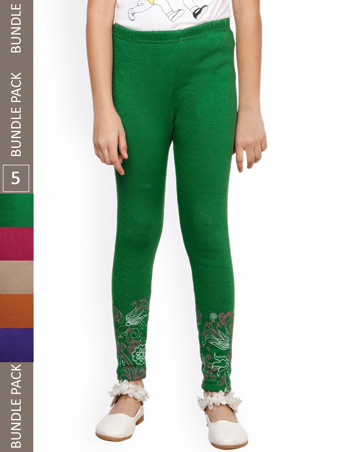 

IndiWeaves Girls Pack of 5 Printed Ankle-Length Wool Leggings, Green