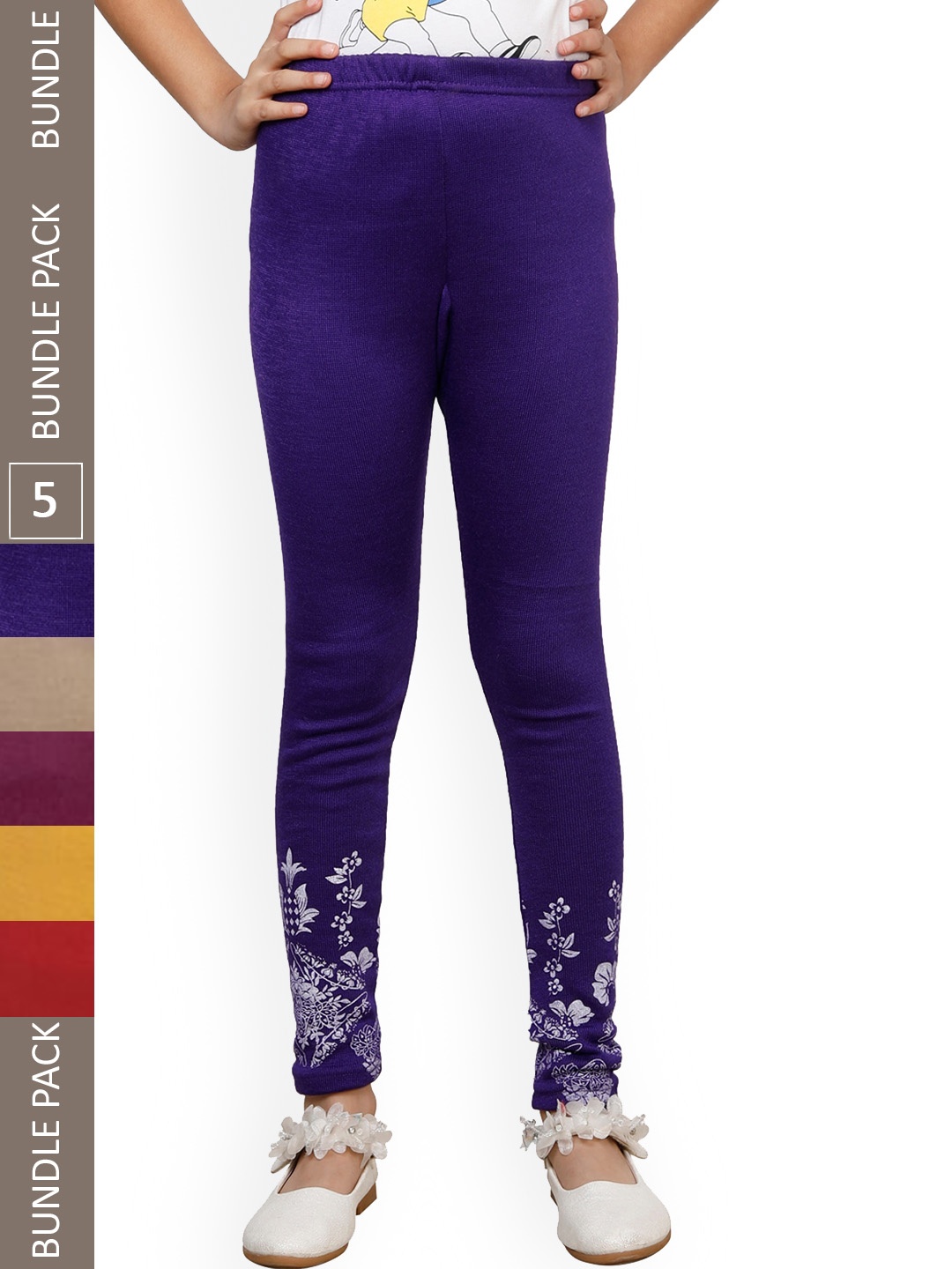 

IndiWeaves Girls Pack Of 5 Printed Woollen Ankle Length Leggings, Purple