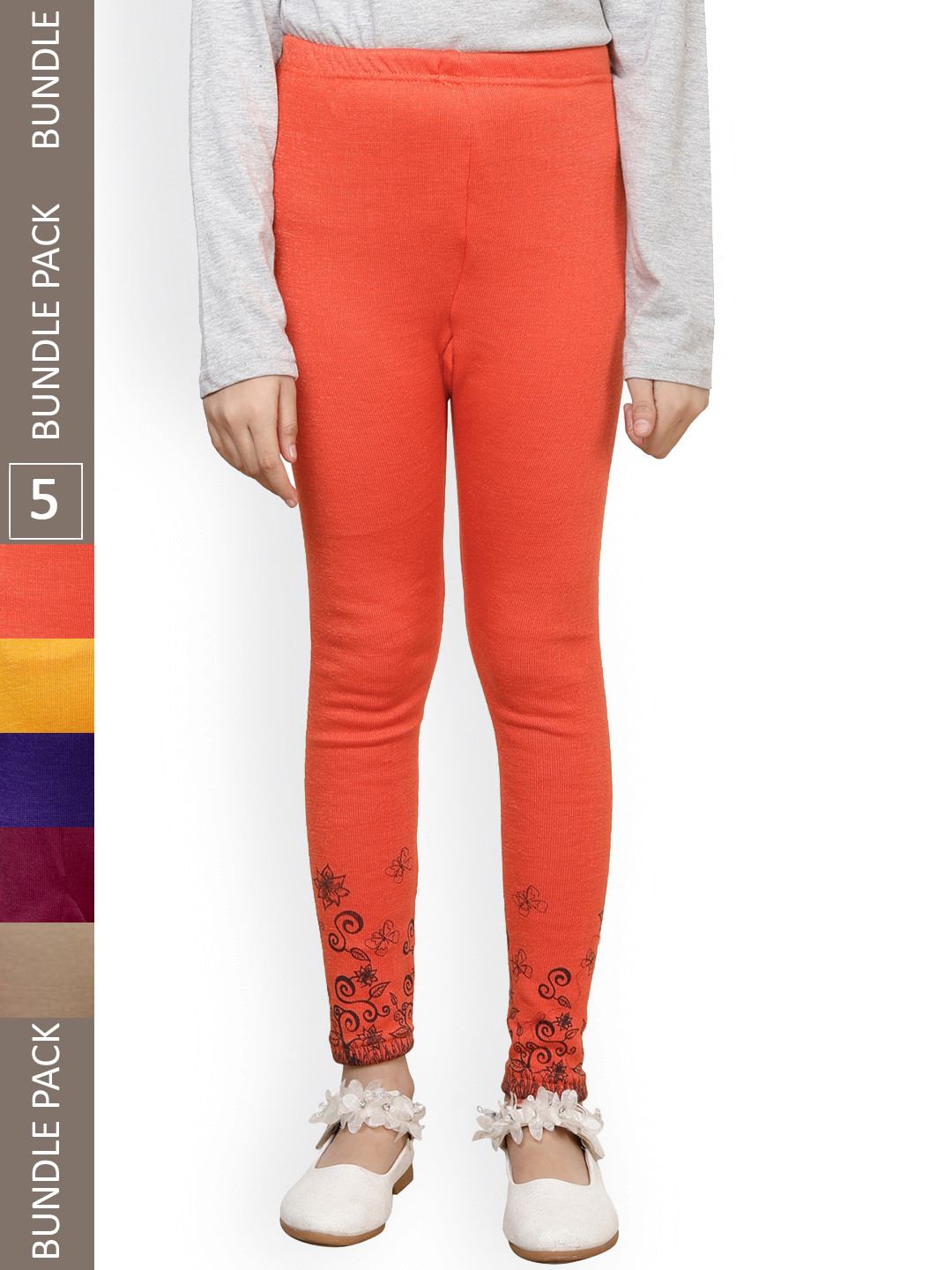 

IndiWeaves Girls Pack of 5 Printed Ankle-Length Wool Leggings, Orange