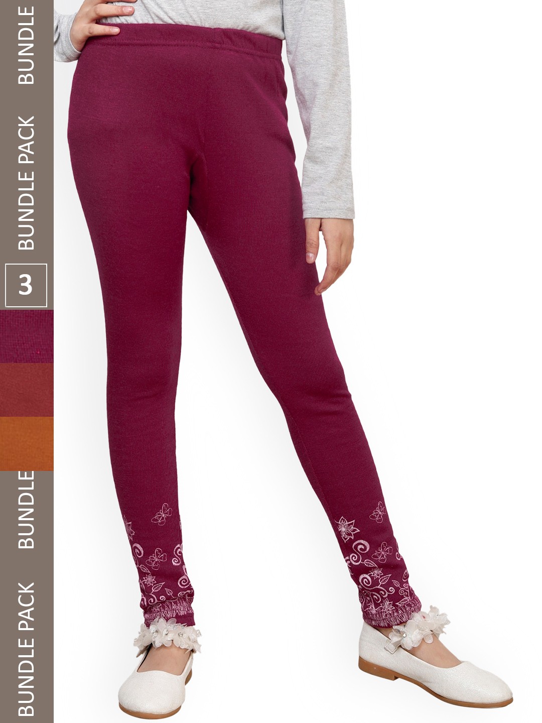 

IndiWeaves Girls Pack Of 3 Bottom-Printed Woolen Ankle Length Leggings, Red