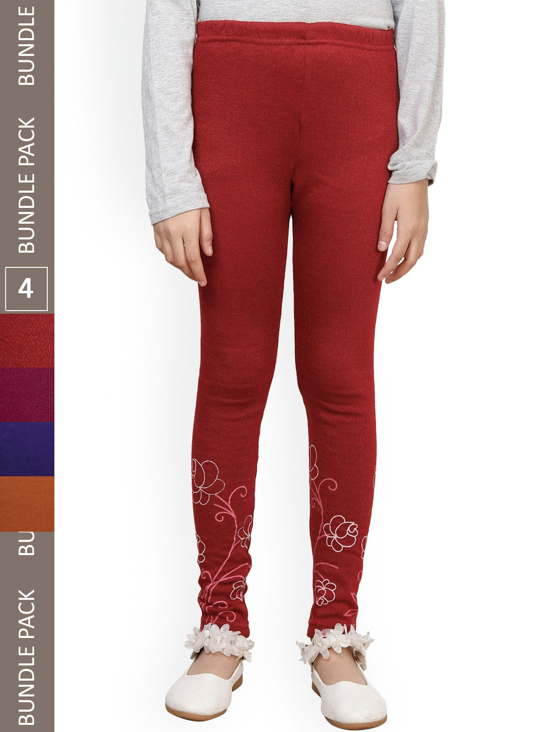 

IndiWeaves Girls Pack Of 4 Bottom-Printed Woolen Ankle Length Leggings, Red
