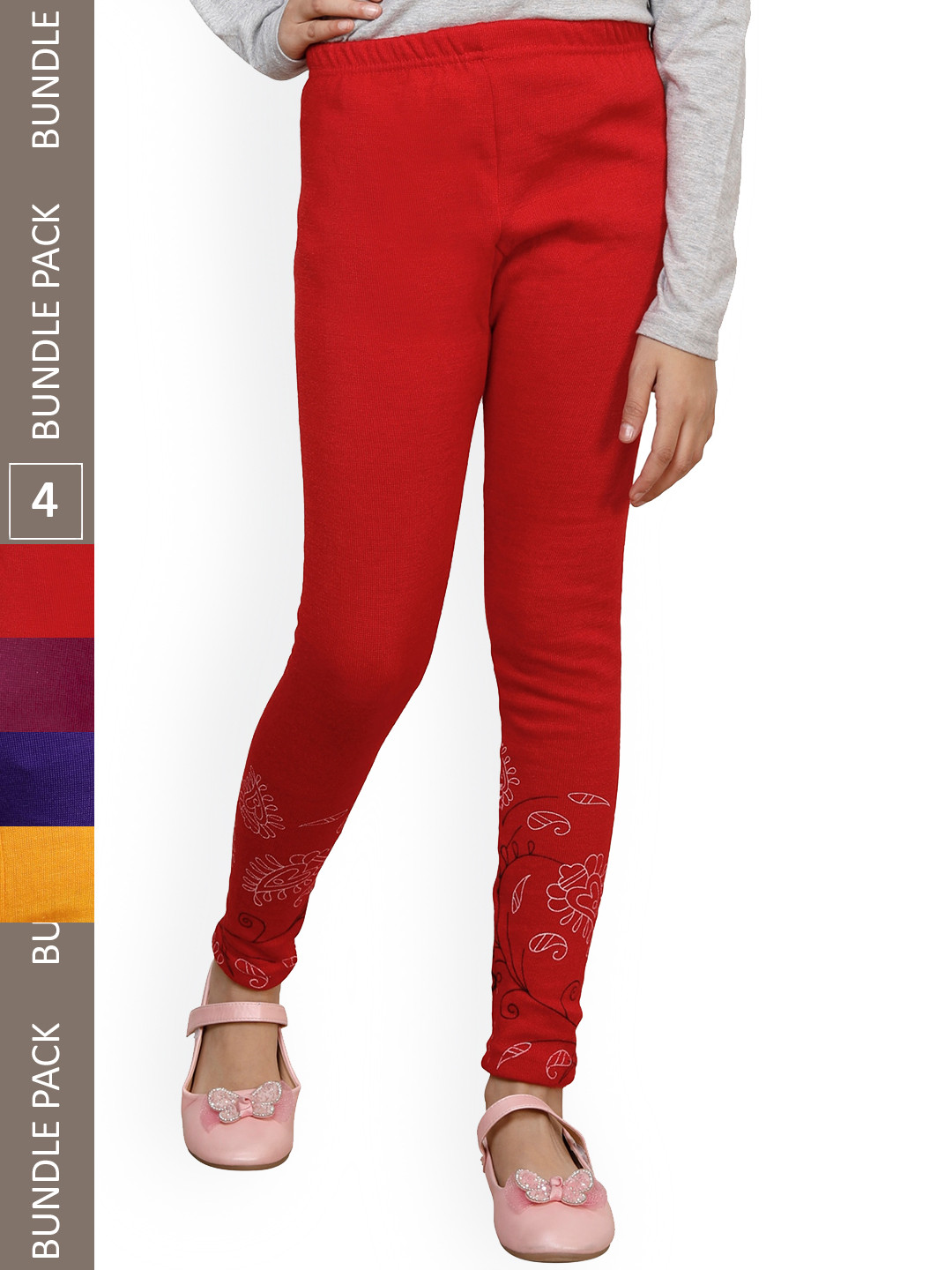 

IndiWeaves Girls Pack Of 4 Printed Woolen Ankle Length Leggings, Red