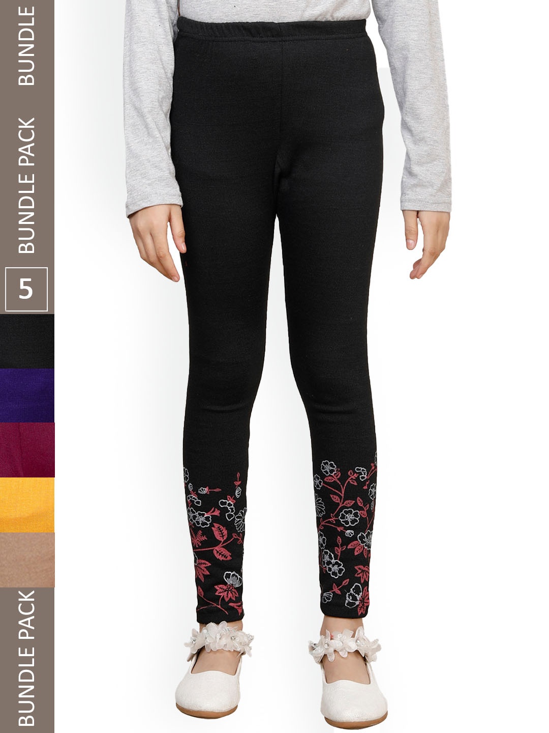 

IndiWeaves Girls Pack Of 5 Printed Woolen Ankle Length Leggings, Black