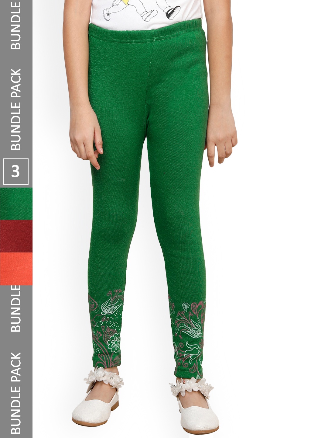 

IndiWeaves Girls Pack Of 3 Printed Woolen Ankle Length Leggings, Green